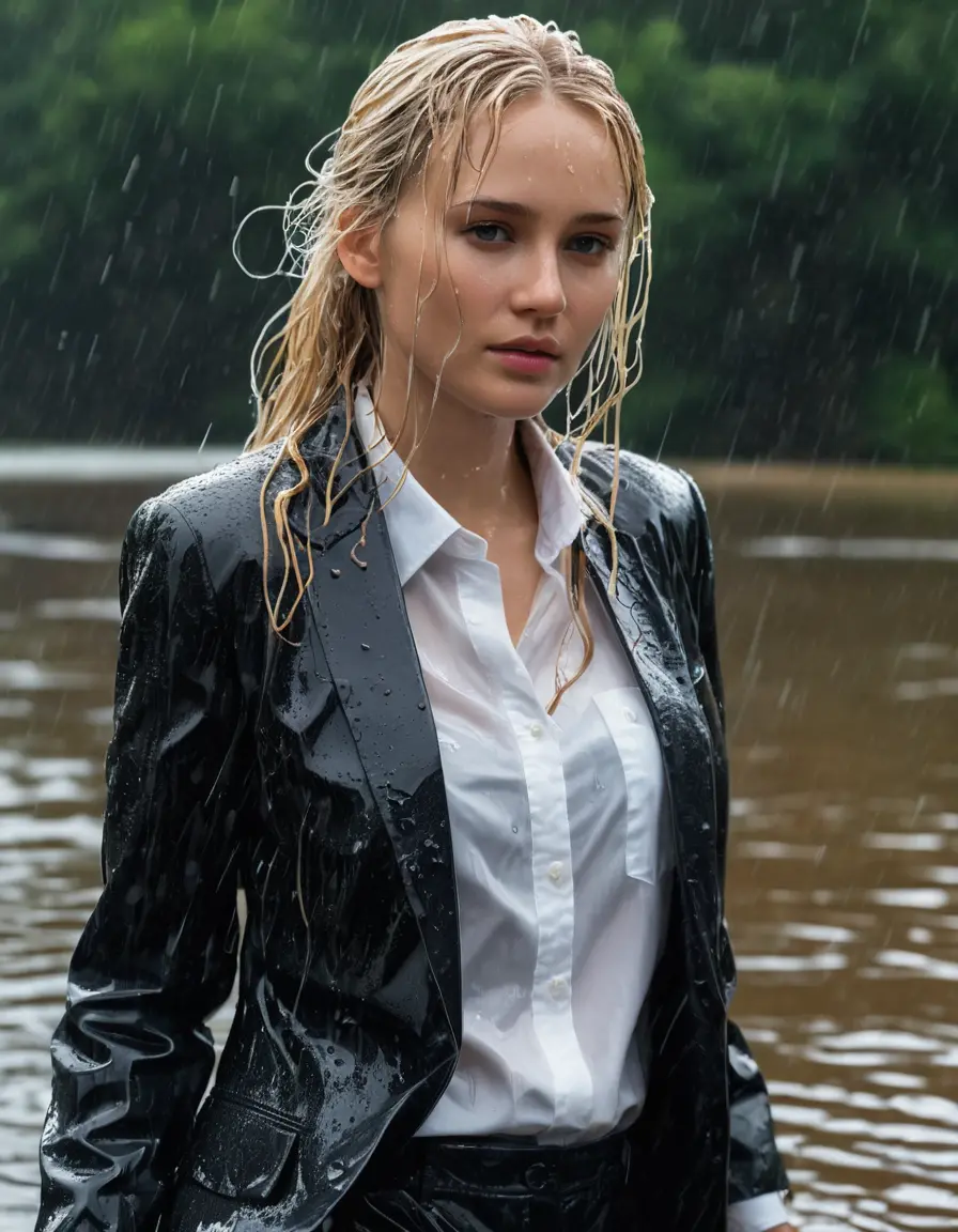 photo of young woman, in soaking wet, drenched clothes,
Black Business Trouser, Black Business Suit Jacket with white button down long sleeve business Shirt, Clear Mountain Lake with heavy rain, 
enjoying, wet clothes stuck to body,
detailed textures of the wet clothes, wet face, wet plastered hair,
wet, drenched, professional, high-quality details, full body view.
sharp focus, ultra-high pixel detail, realistic, high-quality, full colors, incredibly detailed, 4k, 8k, 16k, hyper-realistic, RAW photo, masterpiece, ultra-detailed, professionally color graded, professional photograph, white blonde haired woman age 20,completely soaked, fully drenched, completely wet, wetlook, heavy rain, side parting, open hair, long hair, rain storm