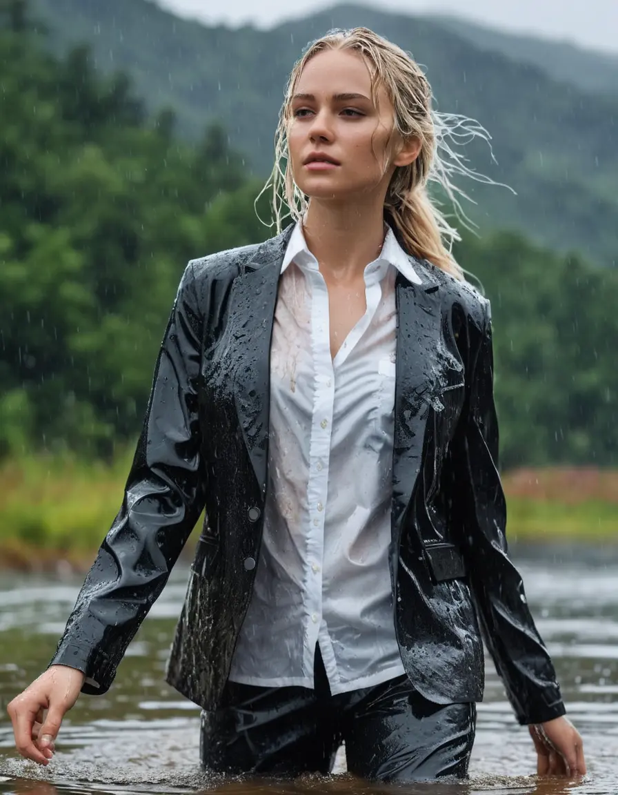 photo of young woman, in soaking wet, drenched clothes,
Black Business Trouser, Black Business Suit Jacket with white button down long sleeve business Shirt, Clear Mountain Lake with heavy rain, 
enjoying, wet clothes stuck to body,
detailed textures of the wet clothes, wet face, wet plastered hair,
wet, drenched, professional, high-quality details, full body view.
sharp focus, ultra-high pixel detail, realistic, high-quality, full colors, incredibly detailed, 4k, 8k, 16k, hyper-realistic, RAW photo, masterpiece, ultra-detailed, professionally color graded, professional photograph, white blonde haired woman age 20,completely soaked, fully drenched, completely wet, wetlook, heavy rain, side parting, open hair, long hair, rain storm