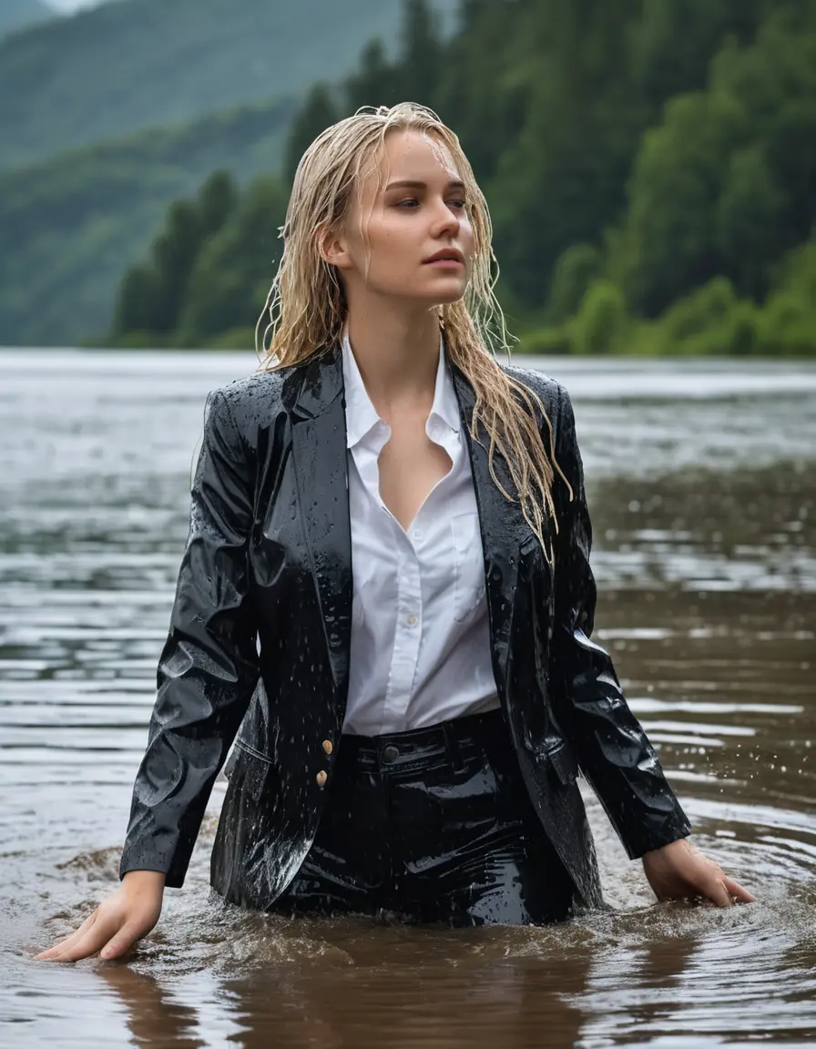 photo of young woman, in soaking wet, drenched clothes,
Black Business Trouser, Black Business Suit Jacket with white button down long sleeve business Shirt, Clear Mountain Lake with heavy rain, 
enjoying, wet clothes stuck to body,
detailed textures of the wet clothes, wet face, wet plastered hair,
wet, drenched, professional, high-quality details, full body view.
sharp focus, ultra-high pixel detail, realistic, high-quality, full colors, incredibly detailed, 4k, 8k, 16k, hyper-realistic, RAW photo, masterpiece, ultra-detailed, professionally color graded, professional photograph, white blonde haired woman age 20,completely soaked, fully drenched, completely wet, wetlook, heavy rain, side parting, open hair, long hair, rain storm