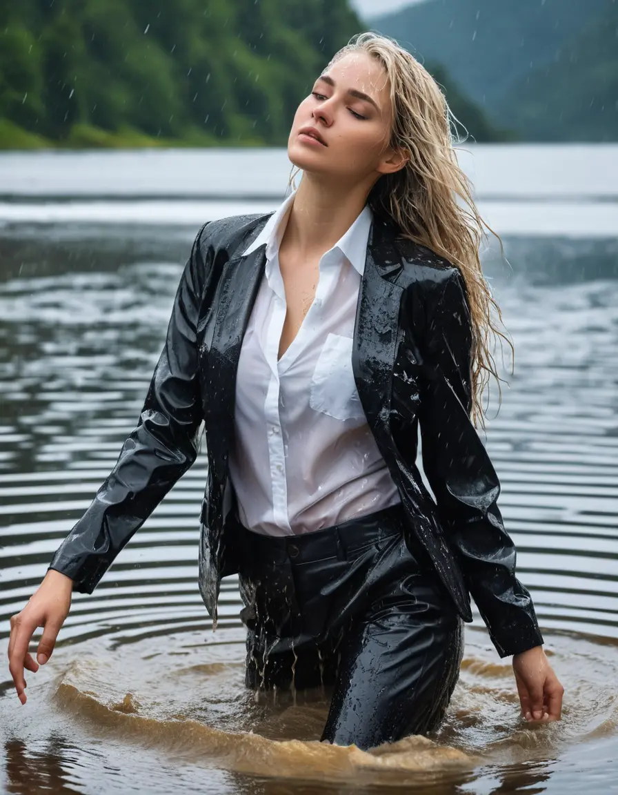 photo of young woman, in soaking wet, drenched clothes,
Black Business Trouser, Black Business Suit Jacket with white button down long sleeve business Shirt, Clear Mountain Lake with heavy rain, 
enjoying, wet clothes stuck to body,
detailed textures of the wet clothes, wet face, wet plastered hair,
wet, drenched, professional, high-quality details, full body view.
sharp focus, ultra-high pixel detail, realistic, high-quality, full colors, incredibly detailed, 4k, 8k, 16k, hyper-realistic, RAW photo, masterpiece, ultra-detailed, professionally color graded, professional photograph, white blonde haired woman age 20,completely soaked, fully drenched, completely wet, wetlook, heavy rain, side parting, open hair, long hair, rain storm