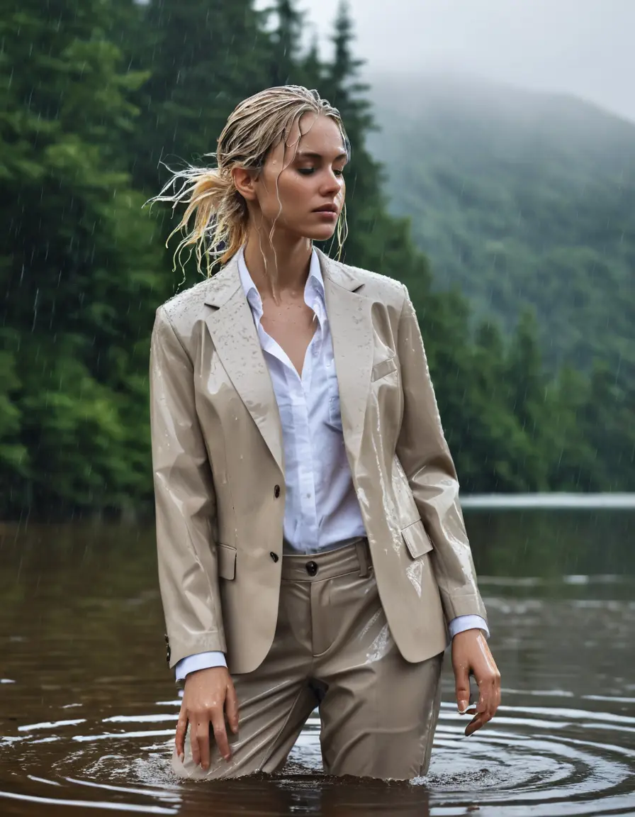 photo of young woman, in soaking wet, drenched clothes,
Beige Business Trouser, Beige Business Suit Jacket with white button down long sleeve business Shirt, Clear Mountain Lake with heavy rain, 
enjoying, wet clothes stuck to body,
detailed textures of the wet clothes, wet face, wet plastered hair,
wet, drenched, professional, high-quality details, full body view.
sharp focus, ultra-high pixel detail, realistic, high-quality, full colors, incredibly detailed, 4k, 8k, 16k, hyper-realistic, RAW photo, masterpiece, ultra-detailed, professionally color graded, professional photograph, white blonde haired woman age 20,completely soaked, fully drenched, completely wet, wetlook, heavy rain, side parting, open hair, long hair, rain storm