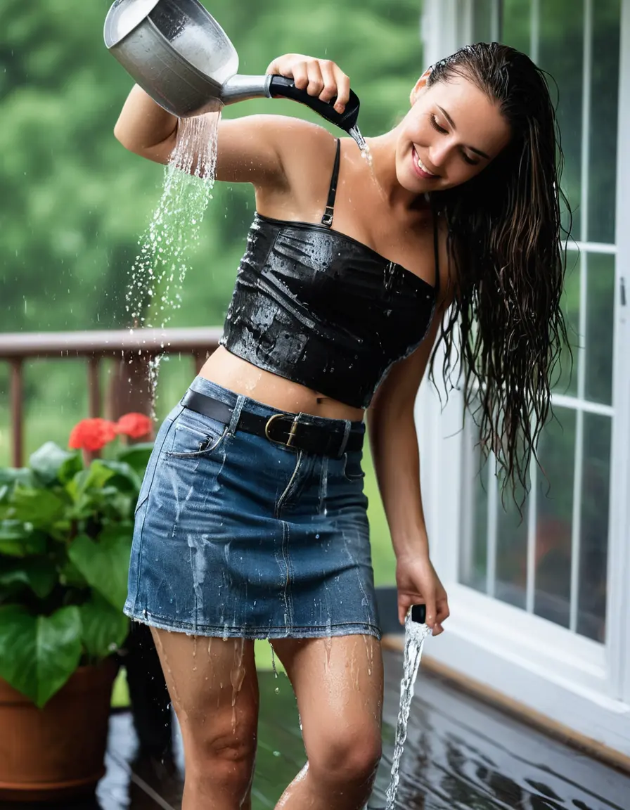 photo of young woman, in soaking wet, drenched clothes,
, Jeans skirt and black leather belt, black floral bikini, front porch of a country home on a hot summer day, 
enjoying, wet clothes stuck to body,
detailed textures of the wet clothes, wet face, wet plastered hair,
wet, drenched, professional, high-quality details, full body view.
sharp focus, ultra-high pixel detail, realistic, high-quality, full colors, incredibly detailed, 4k, 8k, 16k, hyper-realistic, RAW photo, masterpiece, ultra-detailed, professionally color graded, professional photograph, drenched dripping slicked back brunette hair, looking up slightly, smiling, playing with her hair, pouring water from watering can over her head, refreshing, cooling off