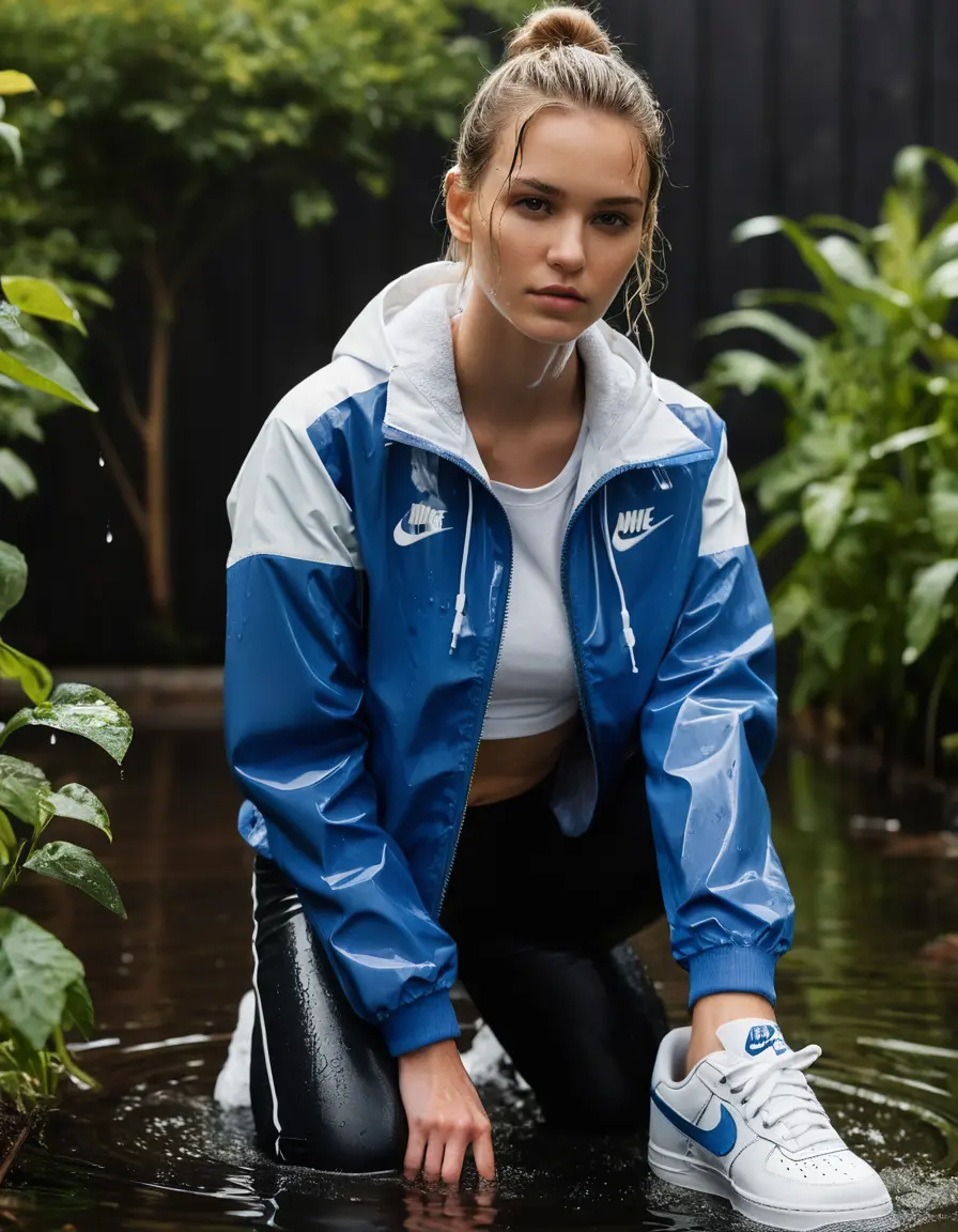 photo of young woman, in soaking wet, drenched clothes,
 Nike Air Force , Blue skinny jeans , White tshirt and Nike training jacket, Garden , 
enjoying, wet clothes stuck to body,
detailed textures of the wet clothes, wet face, wet plastered hair,
wet, drenched, professional, high-quality details, full body view.
sharp focus, ultra-high pixel detail, realistic, high-quality, full colors, incredibly detailed, 4k, 8k, 16k, hyper-realistic, RAW photo, masterpiece, ultra-detailed, professionally color graded, professional photograph, Wet and no nh under shirt