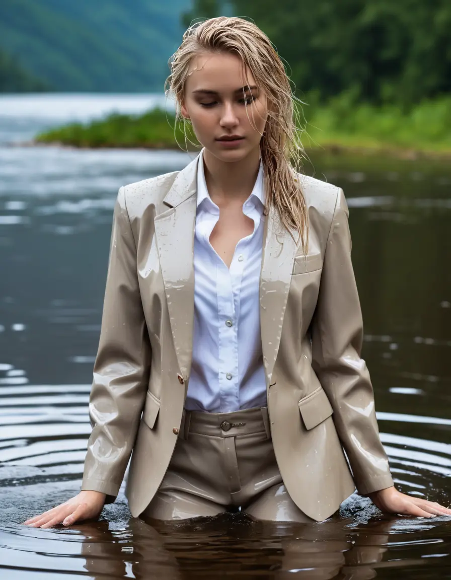 photo of young woman, in soaking wet, drenched clothes,
Beige Business Trouser, Beige Business Suit Jacket with white button down long sleeve business Shirt, Clear Mountain Lake with heavy rain, 
enjoying, wet clothes stuck to body,
detailed textures of the wet clothes, wet face, wet plastered hair,
wet, drenched, professional, high-quality details, full body view.
sharp focus, ultra-high pixel detail, realistic, high-quality, full colors, incredibly detailed, 4k, 8k, 16k, hyper-realistic, RAW photo, masterpiece, ultra-detailed, professionally color graded, professional photograph, white blonde haired woman age 20,completely soaked, fully drenched, completely wet, wetlook, heavy rain, side parting, open hair, long hair, rain storm