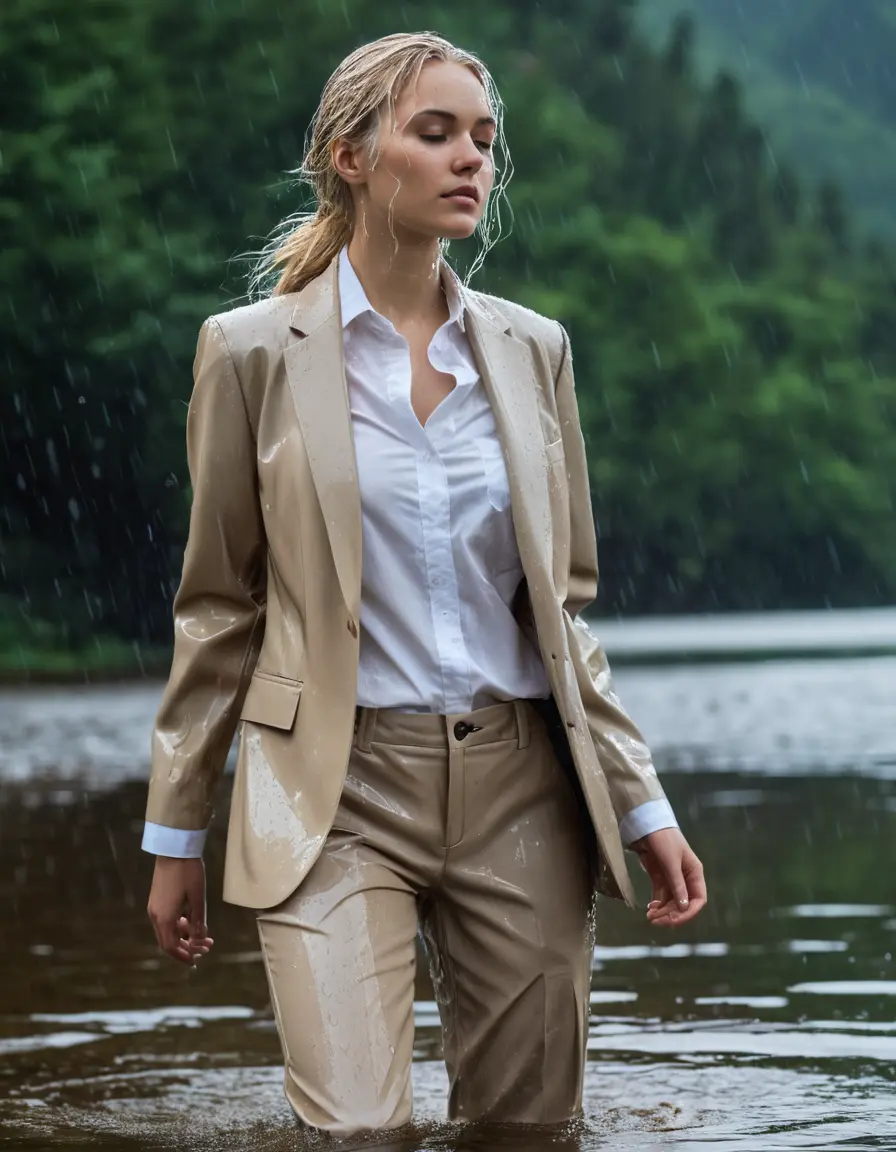 photo of young woman, in soaking wet, drenched clothes,
Beige Business Trouser, Beige Business Suit Jacket with white button down long sleeve business Shirt, Clear Mountain Lake with heavy rain, 
enjoying, wet clothes stuck to body,
detailed textures of the wet clothes, wet face, wet plastered hair,
wet, drenched, professional, high-quality details, full body view.
sharp focus, ultra-high pixel detail, realistic, high-quality, full colors, incredibly detailed, 4k, 8k, 16k, hyper-realistic, RAW photo, masterpiece, ultra-detailed, professionally color graded, professional photograph, white blonde haired woman age 20,completely soaked, fully drenched, completely wet, wetlook, heavy rain, side parting, open hair, long hair, rain storm