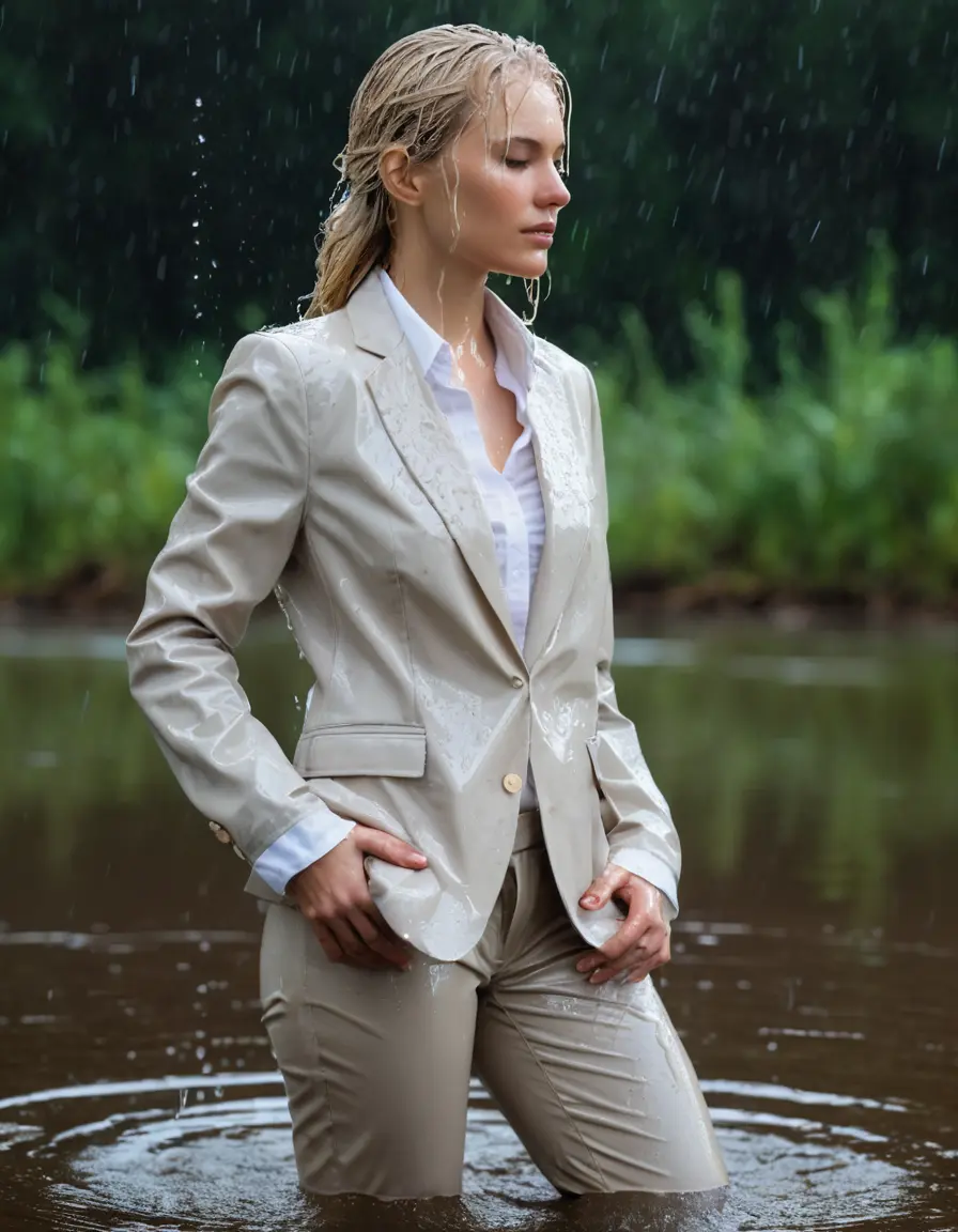 photo of young woman, in soaking wet, drenched clothes,
Beige Business Trouser, Beige Business Suit Jacket with white button down long sleeve business Shirt, Clear Mountain Lake with heavy rain, 
enjoying, wet clothes stuck to body,
detailed textures of the wet clothes, wet face, wet plastered hair,
wet, drenched, professional, high-quality details, full body view.
sharp focus, ultra-high pixel detail, realistic, high-quality, full colors, incredibly detailed, 4k, 8k, 16k, hyper-realistic, RAW photo, masterpiece, ultra-detailed, professionally color graded, professional photograph, white blonde haired woman age 20,completely soaked, fully drenched, completely wet, wetlook, heavy rain, side parting, open hair, long hair, rain storm