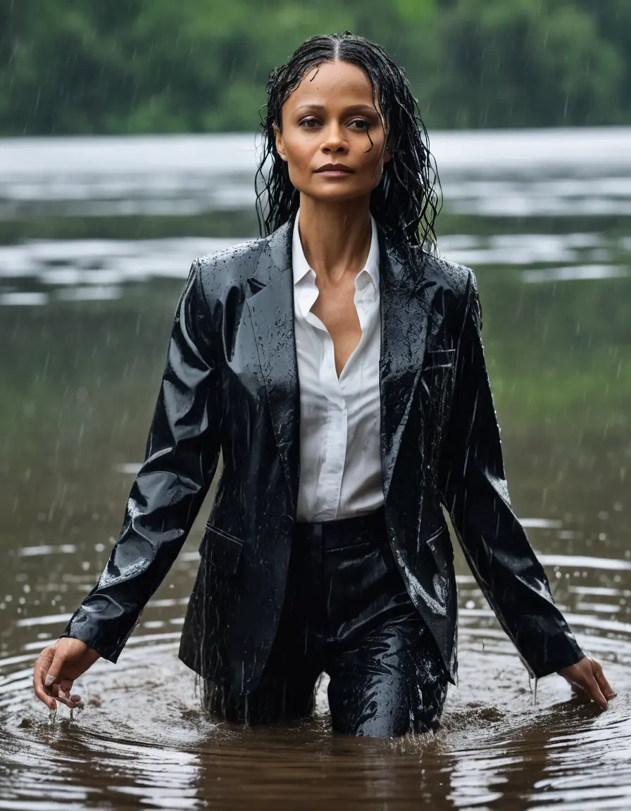 photo of young woman, in soaking wet, drenched clothes,
Black Business Trouser, Black Business Suit Jacket with white button down long sleeve business Shirt, Clear Mountain Lake with heavy rain, 
enjoying, wet clothes stuck to body,
detailed textures of the wet clothes, wet face, wet plastered hair,
wet, drenched, professional, high-quality details, full body view.
sharp focus, ultra-high pixel detail, realistic, high-quality, full colors, incredibly detailed, 4k, 8k, 16k, hyper-realistic, RAW photo, masterpiece, ultra-detailed, professionally color graded, professional photograph, Thandie Newton, completely soaked, fully drenched, completely wet, wetlook, heavy rain, side parting, open hair, long hair, rain storm