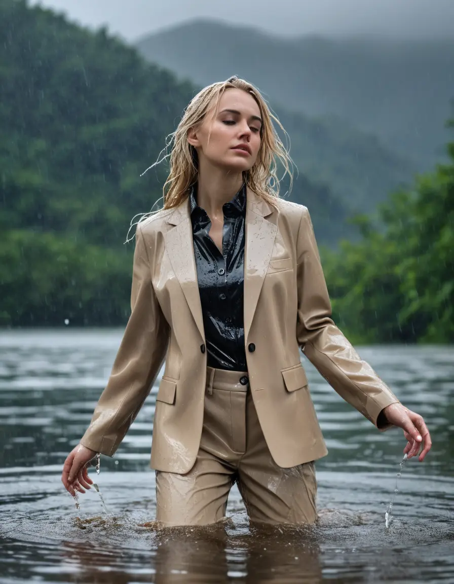 photo of young woman, in soaking wet, drenched clothes,
Beige Business Trouser, Beige Business Suit Jacket with Black button down long sleeve business Shirt, Clear Mountain Lake with heavy rain, 
enjoying, wet clothes stuck to body,
detailed textures of the wet clothes, wet face, wet plastered hair,
wet, drenched, professional, high-quality details, full body view.
sharp focus, ultra-high pixel detail, realistic, high-quality, full colors, incredibly detailed, 4k, 8k, 16k, hyper-realistic, RAW photo, masterpiece, ultra-detailed, professionally color graded, professional photograph, white blonde haired woman age 20,completely soaked, fully drenched, completely wet, wetlook, heavy rain, side parting, open hair, long hair, rain storm