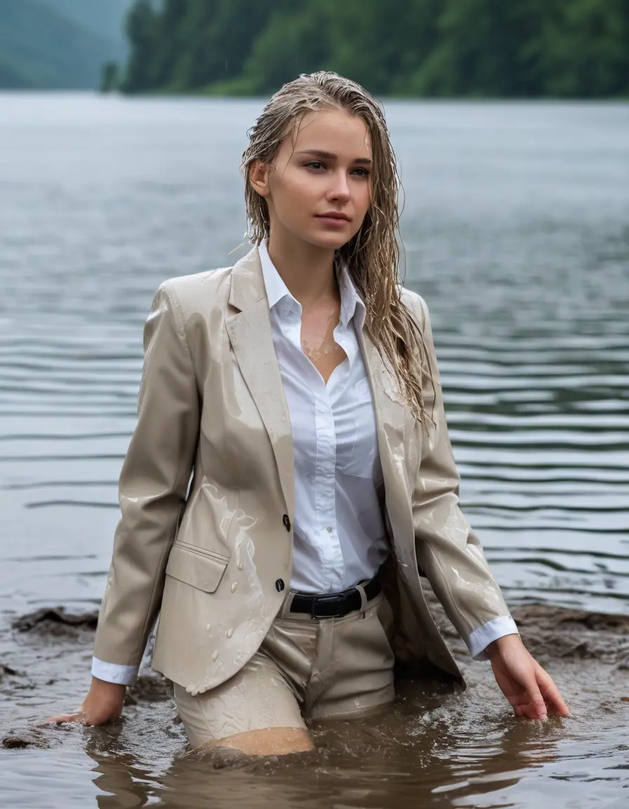 photo of young woman, in soaking wet, drenched clothes,
Beige Business Trouser, Beige Business Suit Jacket with white button down long sleeve business Shirt, Clear Mountain Lake with heavy rain, 
enjoying, wet clothes stuck to body,
detailed textures of the wet clothes, wet face, wet plastered hair,
wet, drenched, professional, high-quality details, full body view.
sharp focus, ultra-high pixel detail, realistic, high-quality, full colors, incredibly detailed, 4k, 8k, 16k, hyper-realistic, RAW photo, masterpiece, ultra-detailed, professionally color graded, professional photograph, white blonde haired woman age 20,completely soaked, fully drenched, completely wet, wetlook, heavy rain, side parting, open hair, long hair, rain storm