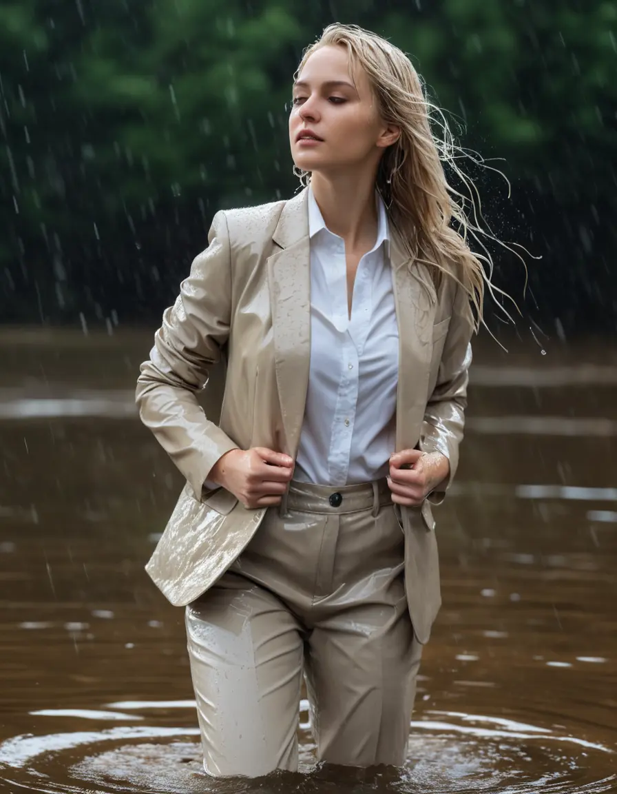 photo of young woman, in soaking wet, drenched clothes,
Beige Business Trouser, Beige Business Suit Jacket with white button down long sleeve business Shirt, Clear Mountain Lake with heavy rain, 
enjoying, wet clothes stuck to body,
detailed textures of the wet clothes, wet face, wet plastered hair,
wet, drenched, professional, high-quality details, full body view.
sharp focus, ultra-high pixel detail, realistic, high-quality, full colors, incredibly detailed, 4k, 8k, 16k, hyper-realistic, RAW photo, masterpiece, ultra-detailed, professionally color graded, professional photograph, white blonde haired woman age 20,completely soaked, fully drenched, completely wet, wetlook, heavy rain, side parting, open hair, long hair, rain storm
