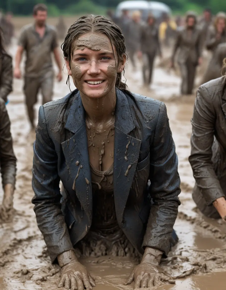 photo of young woman, in soaking wet, drenched clothes,
, black business trouser, Completely ruined and discoloured black muddy blazer and button shirt, deep mud pit with deep and thick mud, 
enjoying, wet clothes stuck to body,
detailed textures of the wet clothes, wet face, wet plastered hair,
wet, drenched, professional, high-quality details, full body view.
sharp focus, ultra-high pixel detail, realistic, high-quality, full colors, incredibly detailed, 4k, 8k, 16k, hyper-realistic, RAW photo, masterpiece, ultra-detailed, professionally color graded, professional photograph, A 20 Year old woman standing under the heavy mud shower. she is proudly wearing her ruined blazer They are having a muddy shower and playing like crazy mud creatures during the indoor muddy disco and they are wearing their ruined blazers while touching each others boobs. Their expensive formal clothes are filled with mud and their boobs are totally mud-covered. Total muddy appearance and full mud coverage. The classy elegant club is totally destroyed by mud, deep liquid mud on the floor, mud spots everywhere, mud flows down on the walls and mud on the furnitures with elegant clubbing muddy people in the background. Stylish braided very long hairstyle, muddy braided hair, smiling mudy faces, realistic blue eyes. The women enjoying carefree to be muddy, be dirty and be naughty while they are enjoying the muddy fetish party. Realistic boobs, realistic huge saggy boobs and nipples and photorealistic detailed happy and satisfied facial expressions. Intimate close-up picture about the old women from above. Close-up photo, highly realistic representation, ultra sharp focus, highly photorealistic detailed textures, highly photorealistic detailed facial features and expressions, highly photorealistic hands, highly emotional reactions, highly best quality, highly sharp photorealistic image, highly photorealistic details, full UHD resolution, 32 K, very high level of detail and image sharpness, zoomed in