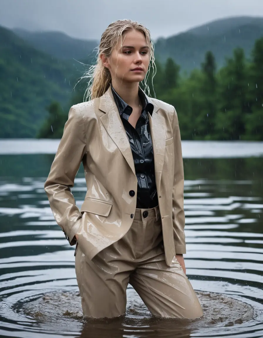 photo of young woman, in soaking wet, drenched clothes,
Beige Business Trouser, Beige Business Suit Jacket with Black button down long sleeve business Shirt, Clear Mountain Lake with heavy rain, 
enjoying, wet clothes stuck to body,
detailed textures of the wet clothes, wet face, wet plastered hair,
wet, drenched, professional, high-quality details, full body view.
sharp focus, ultra-high pixel detail, realistic, high-quality, full colors, incredibly detailed, 4k, 8k, 16k, hyper-realistic, RAW photo, masterpiece, ultra-detailed, professionally color graded, professional photograph, white blonde haired woman age 20,completely soaked, fully drenched, completely wet, wetlook, heavy rain, side parting, open hair, long hair, rain storm