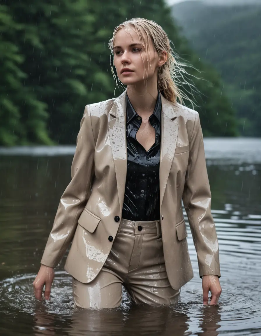 photo of young woman, in soaking wet, drenched clothes,
Beige Business Trouser, Beige Business Suit Jacket with Black button down long sleeve business Shirt, Clear Mountain Lake with heavy rain, 
enjoying, wet clothes stuck to body,
detailed textures of the wet clothes, wet face, wet plastered hair,
wet, drenched, professional, high-quality details, full body view.
sharp focus, ultra-high pixel detail, realistic, high-quality, full colors, incredibly detailed, 4k, 8k, 16k, hyper-realistic, RAW photo, masterpiece, ultra-detailed, professionally color graded, professional photograph, white blonde haired woman age 20,completely soaked, fully drenched, completely wet, wetlook, heavy rain, side parting, open hair, long hair, rain storm