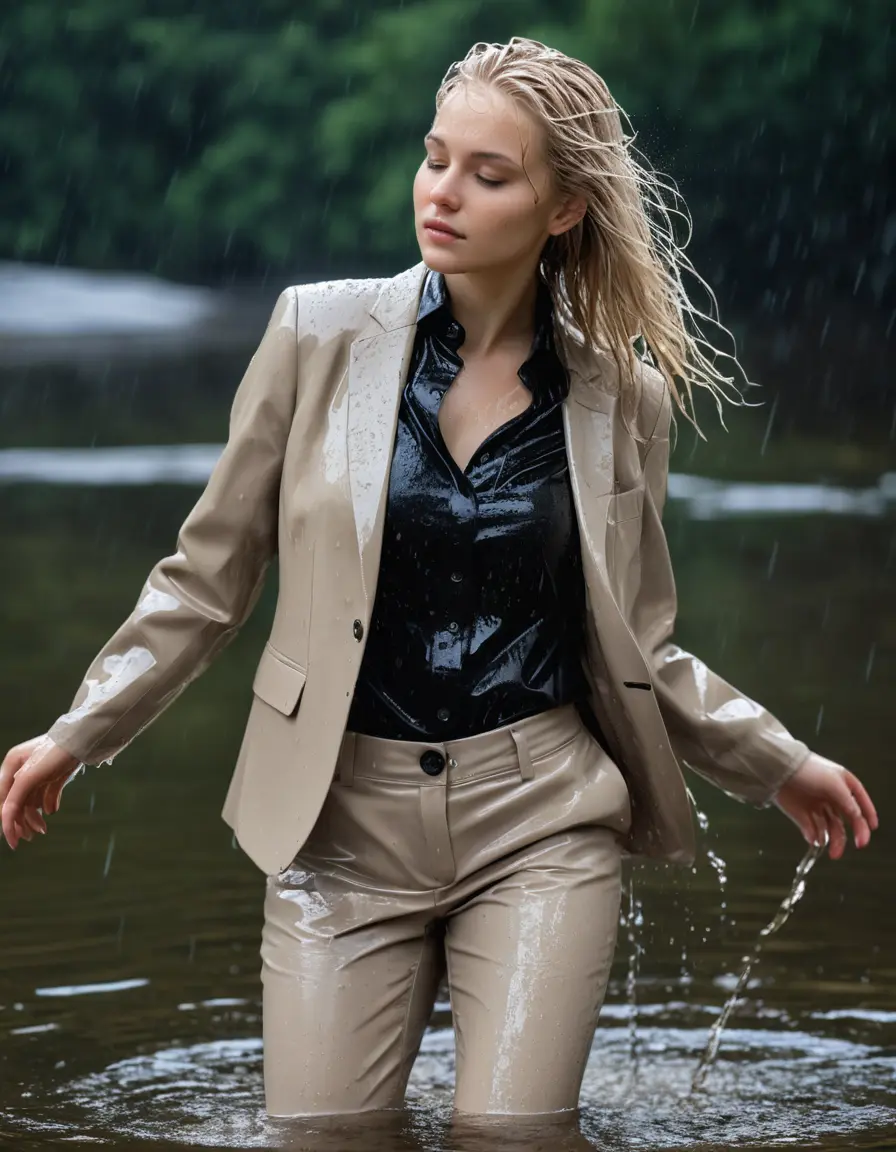 photo of young woman, in soaking wet, drenched clothes,
Beige Business Trouser, Beige Business Suit Jacket with Black button down long sleeve business Shirt, Clear Mountain Lake with heavy rain, 
enjoying, wet clothes stuck to body,
detailed textures of the wet clothes, wet face, wet plastered hair,
wet, drenched, professional, high-quality details, full body view.
sharp focus, ultra-high pixel detail, realistic, high-quality, full colors, incredibly detailed, 4k, 8k, 16k, hyper-realistic, RAW photo, masterpiece, ultra-detailed, professionally color graded, professional photograph, white blonde haired woman age 20,completely soaked, fully drenched, completely wet, wetlook, heavy rain, side parting, open hair, long hair, rain storm