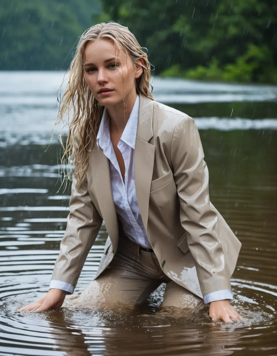 photo of young woman, in soaking wet, drenched clothes,
Beige Business Trouser, Beige Business Suit Jacket with white button down long sleeve business Shirt, Clear Mountain Lake with heavy rain, 
enjoying, wet clothes stuck to body,
detailed textures of the wet clothes, wet face, wet plastered hair,
wet, drenched, professional, high-quality details, full body view.
sharp focus, ultra-high pixel detail, realistic, high-quality, full colors, incredibly detailed, 4k, 8k, 16k, hyper-realistic, RAW photo, masterpiece, ultra-detailed, professionally color graded, professional photograph, white blonde haired woman age 20,completely soaked, fully drenched, completely wet, wetlook, heavy rain, side parting, open hair, long hair, rain storm
