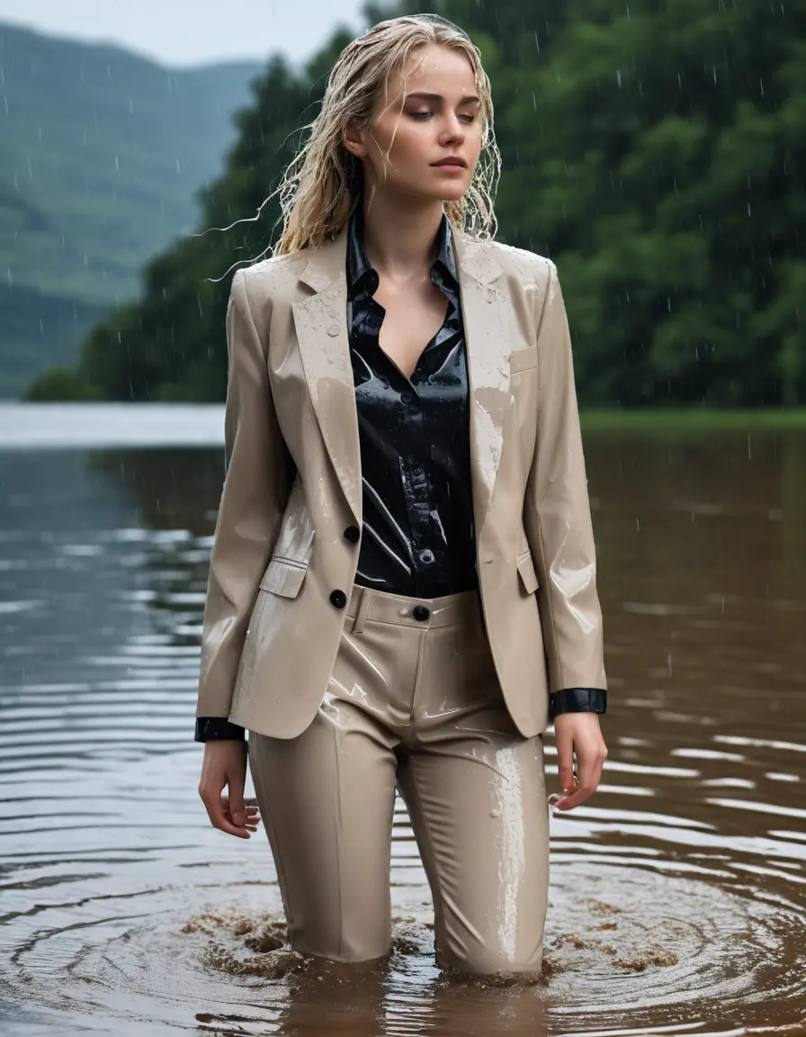 photo of young woman, in soaking wet, drenched clothes,
Beige Business Trouser, Beige Business Suit Jacket with Black button down long sleeve business Shirt, Clear Mountain Lake with heavy rain, 
enjoying, wet clothes stuck to body,
detailed textures of the wet clothes, wet face, wet plastered hair,
wet, drenched, professional, high-quality details, full body view.
sharp focus, ultra-high pixel detail, realistic, high-quality, full colors, incredibly detailed, 4k, 8k, 16k, hyper-realistic, RAW photo, masterpiece, ultra-detailed, professionally color graded, professional photograph, white blonde haired woman age 20,completely soaked, fully drenched, completely wet, wetlook, heavy rain, side parting, open hair, long hair, rain storm