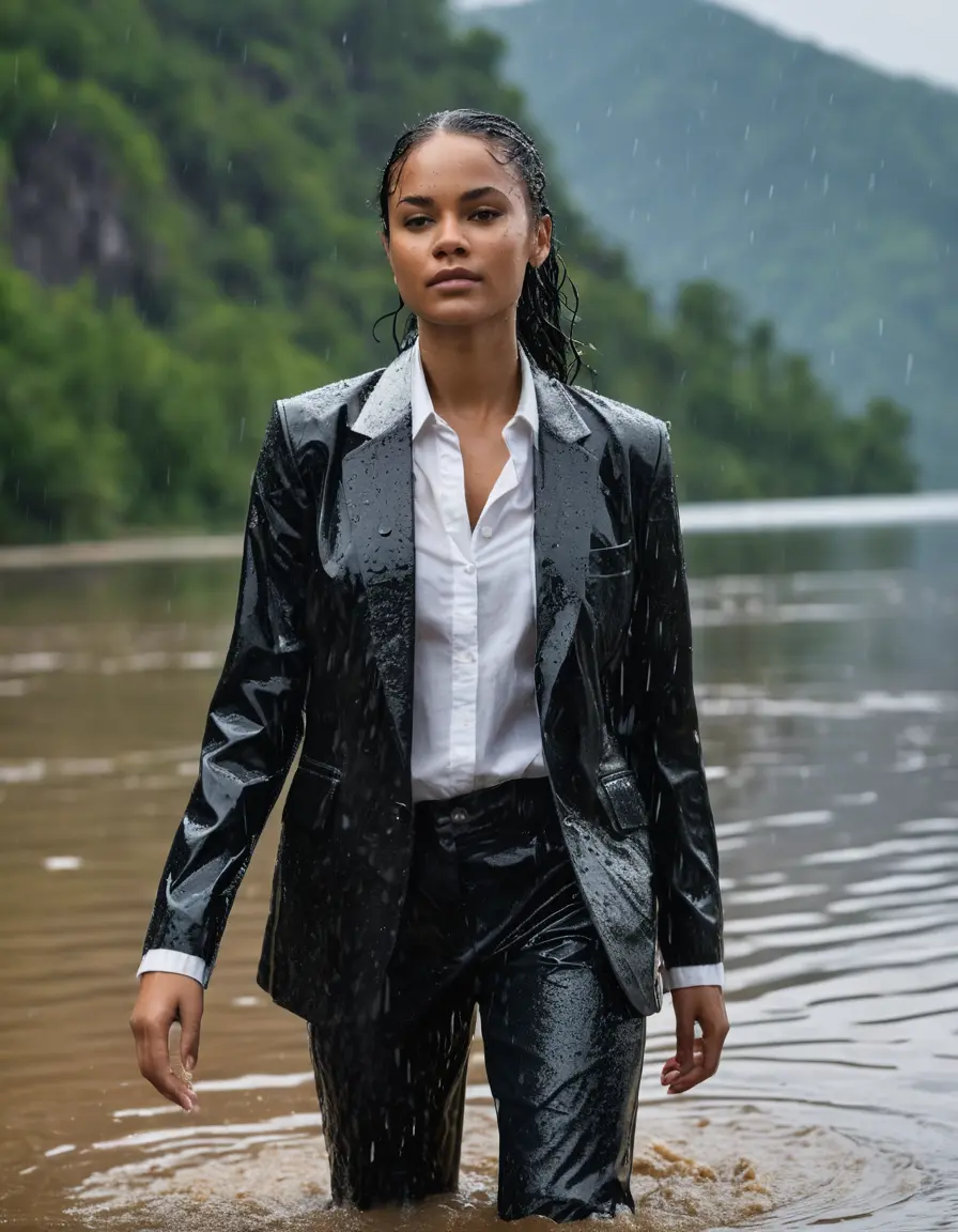 photo of young woman, in soaking wet, drenched clothes,
Black Business Trouser, Black Business Suit Jacket with white button down long sleeve business Shirt, Clear Mountain Lake with heavy rain, 
enjoying, wet clothes stuck to body,
detailed textures of the wet clothes, wet face, wet plastered hair,
wet, drenched, professional, high-quality details, full body view.
sharp focus, ultra-high pixel detail, realistic, high-quality, full colors, incredibly detailed, 4k, 8k, 16k, hyper-realistic, RAW photo, masterpiece, ultra-detailed, professionally color graded, professional photograph, Thandiwe Newton, completely soaked, fully drenched, completely wet, wetlook, heavy rain, side parting, open hair, long hair, rain storm