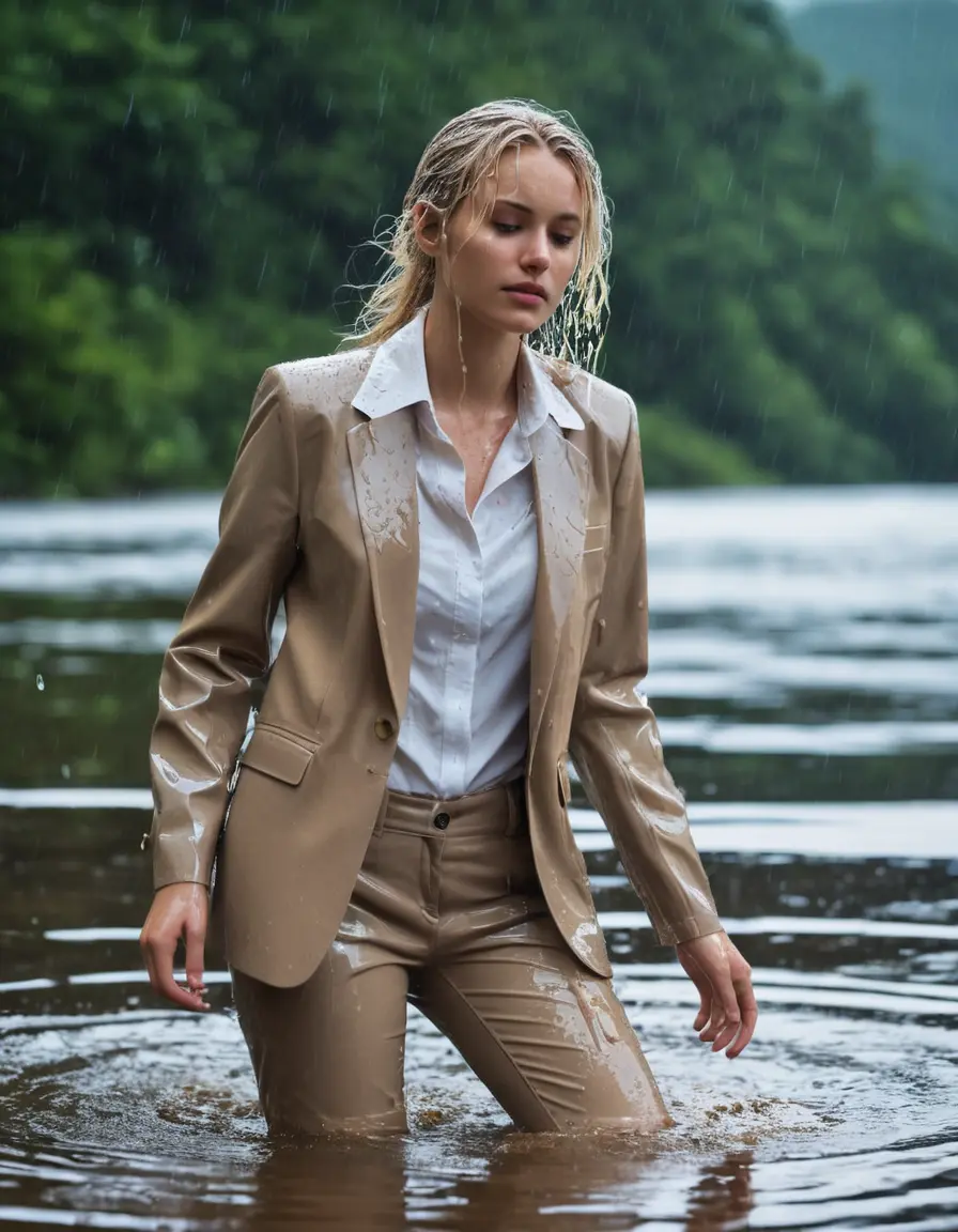 photo of young woman, in soaking wet, drenched clothes,
Beige Business Trouser, Beige Business Suit Jacket with white button down long sleeve business Shirt, Clear Mountain Lake with heavy rain, 
enjoying, wet clothes stuck to body,
detailed textures of the wet clothes, wet face, wet plastered hair,
wet, drenched, professional, high-quality details, full body view.
sharp focus, ultra-high pixel detail, realistic, high-quality, full colors, incredibly detailed, 4k, 8k, 16k, hyper-realistic, RAW photo, masterpiece, ultra-detailed, professionally color graded, professional photograph, white blonde haired woman age 20,completely soaked, fully drenched, completely wet, wetlook, heavy rain, side parting, open hair, long hair, rain storm
