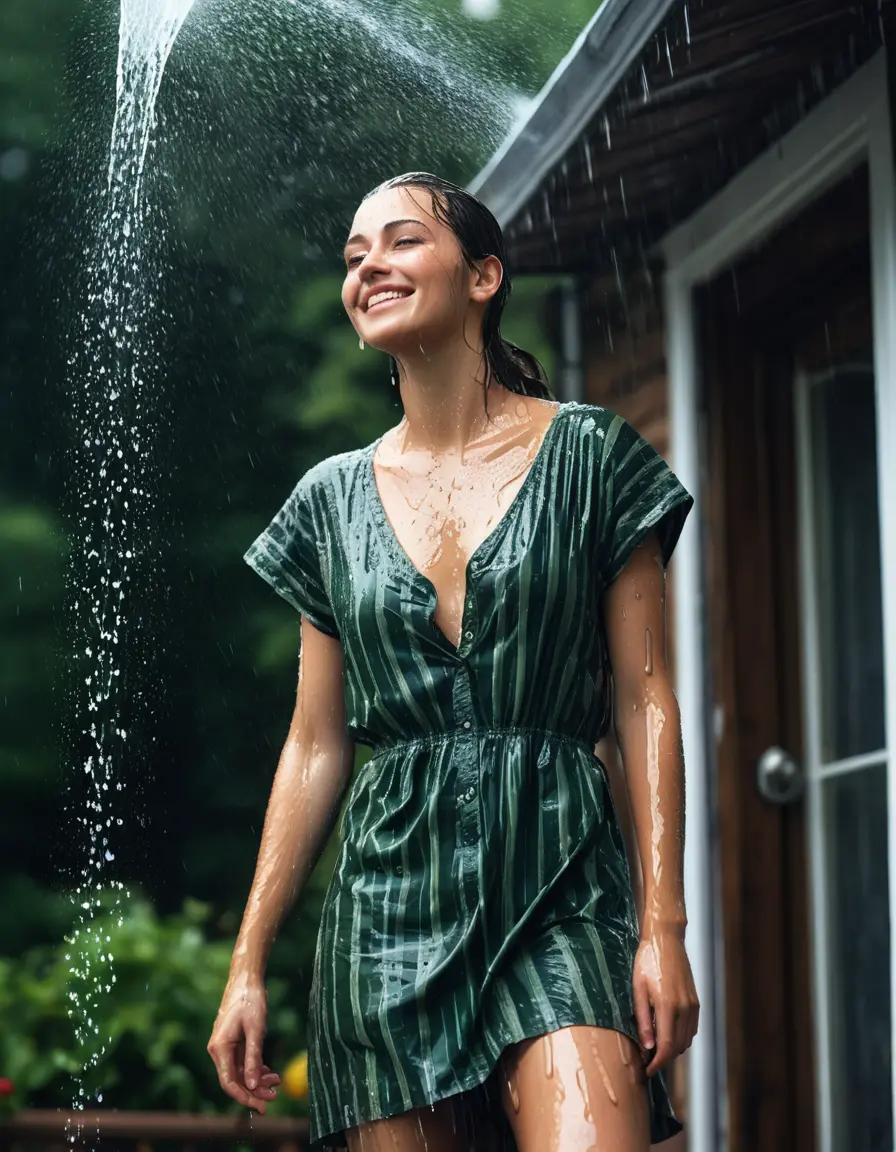 photo of young woman, in soaking wet, drenched clothes,
, , Dark green stripped summer dress, front porch of a country home, 
enjoying, wet clothes stuck to body,
detailed textures of the wet clothes, wet face, wet plastered hair,
wet, drenched, professional, high-quality details, full body view.
sharp focus, ultra-high pixel detail, realistic, high-quality, full colors, incredibly detailed, 4k, 8k, 16k, hyper-realistic, RAW photo, masterpiece, ultra-detailed, professionally color graded, professional photograph, pouring rain, drenched dripping slicked back brunette hair, looking up slightly, smiling, washing her hair with shampoo, showering water falling from roof edge