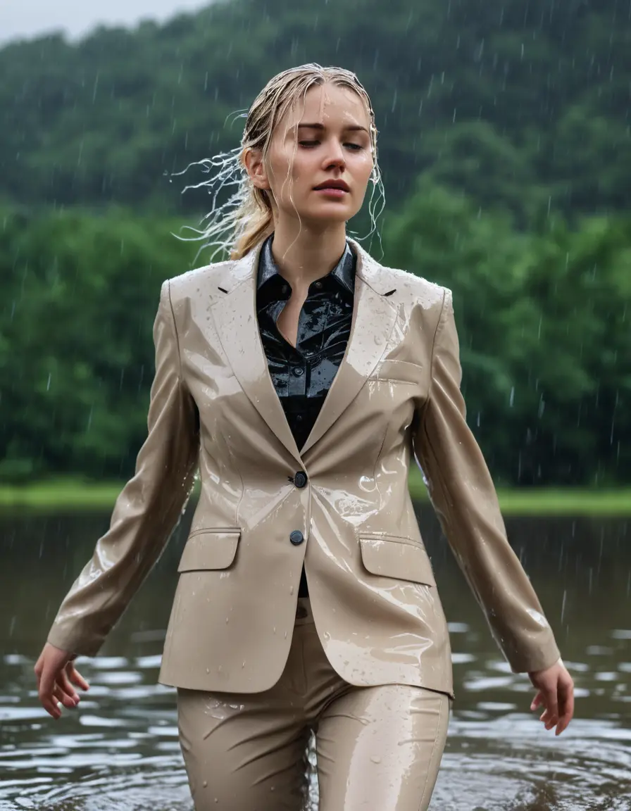 photo of young woman, in soaking wet, drenched clothes,
Beige Business Trouser, Beige Business Suit Jacket with Black button down long sleeve business Shirt, Clear Mountain Lake with heavy rain, 
enjoying, wet clothes stuck to body,
detailed textures of the wet clothes, wet face, wet plastered hair,
wet, drenched, professional, high-quality details, full body view.
sharp focus, ultra-high pixel detail, realistic, high-quality, full colors, incredibly detailed, 4k, 8k, 16k, hyper-realistic, RAW photo, masterpiece, ultra-detailed, professionally color graded, professional photograph, white blonde haired woman age 20,completely soaked, fully drenched, completely wet, wetlook, heavy rain, side parting, open hair, long hair, rain storm