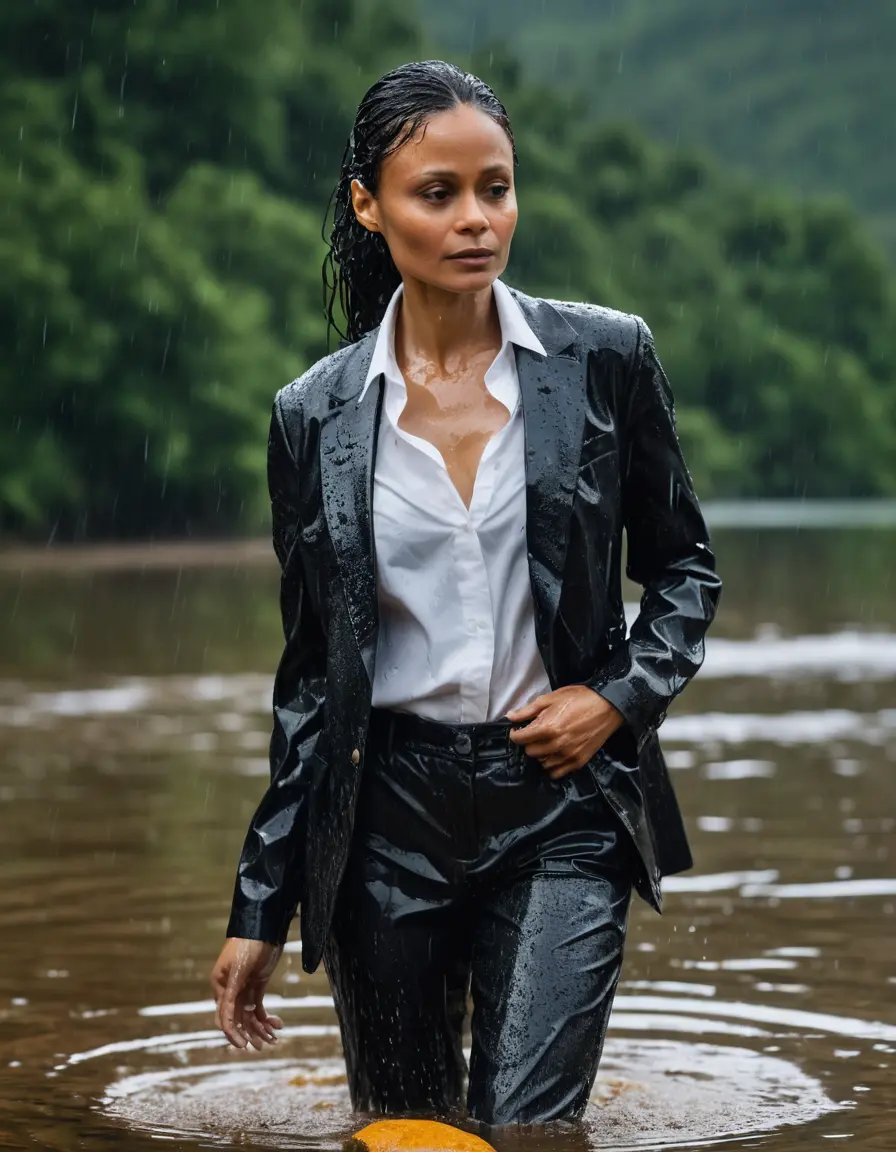 photo of young woman, in soaking wet, drenched clothes,
Black Business Trouser, Black Business Suit Jacket with white button down long sleeve business Shirt, Clear Mountain Lake with heavy rain, 
enjoying, wet clothes stuck to body,
detailed textures of the wet clothes, wet face, wet plastered hair,
wet, drenched, professional, high-quality details, full body view.
sharp focus, ultra-high pixel detail, realistic, high-quality, full colors, incredibly detailed, 4k, 8k, 16k, hyper-realistic, RAW photo, masterpiece, ultra-detailed, professionally color graded, professional photograph, Thandie Newton, completely soaked, fully drenched, completely wet, wetlook, heavy rain, side parting, open hair, long hair, rain storm