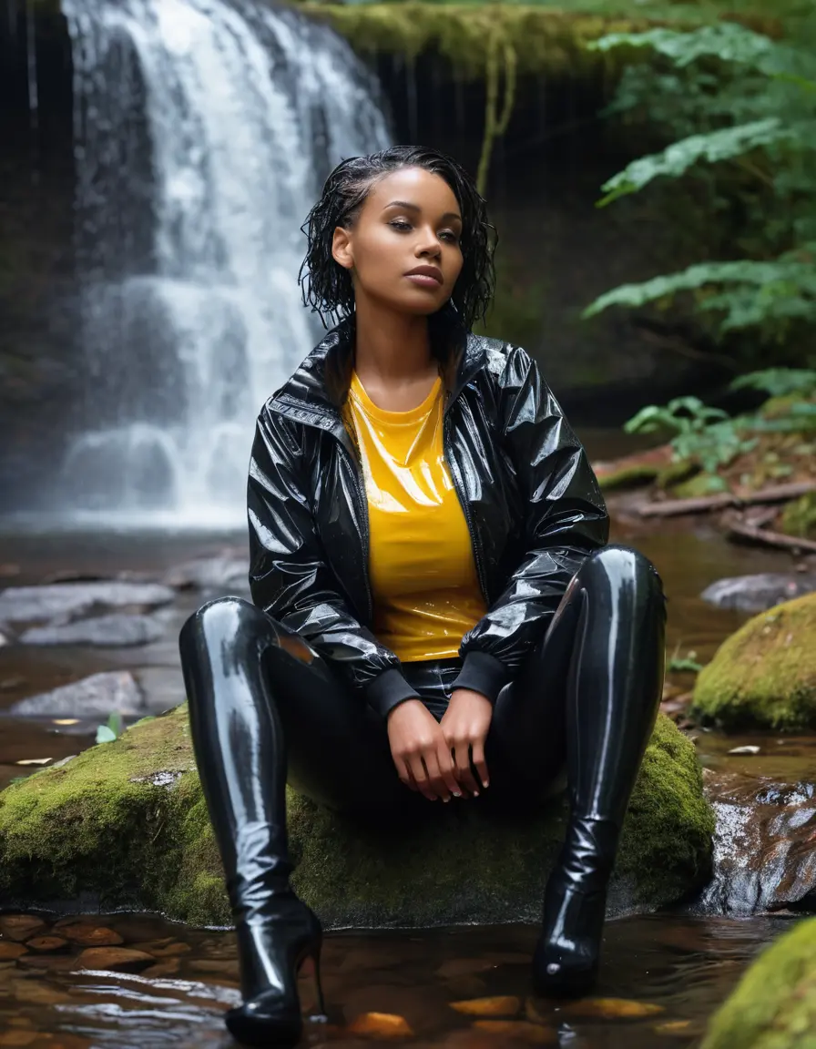 photo of young woman, in soaking wet, drenched clothes,
high heels, leather leggings, yellow transparent t-shirt, black wet shiny pvc puffer jacket, sitting under a waterfall in the forest, heavy rain, drenched, 
enjoying, wet clothes stuck to body,
detailed textures of the wet clothes, wet face, wet plastered hair,
wet, drenched, professional, high-quality details, full body view.
sharp focus, ultra-high pixel detail, realistic, high-quality, full colors, incredibly detailed, 4k, 8k, 16k, hyper-realistic, RAW photo, masterpiece, ultra-detailed, professionally color graded, professional photograph, 65 years old bigboobs black girl