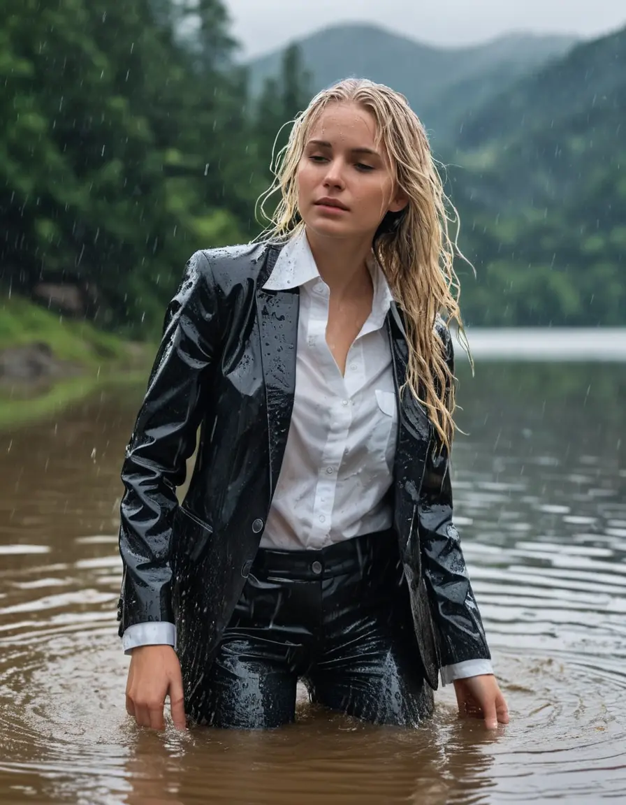 photo of young woman, in soaking wet, drenched clothes,
Black Business Trouser, Black Business Suit Jacket with white button down long sleeve business Shirt, Clear Mountain Lake with heavy rain, 
enjoying, wet clothes stuck to body,
detailed textures of the wet clothes, wet face, wet plastered hair,
wet, drenched, professional, high-quality details, full body view.
sharp focus, ultra-high pixel detail, realistic, high-quality, full colors, incredibly detailed, 4k, 8k, 16k, hyper-realistic, RAW photo, masterpiece, ultra-detailed, professionally color graded, professional photograph, white blonde haired woman age 20,completely soaked, fully drenched, completely wet, wetlook, heavy rain, side parting, open hair, long hair, rain storm