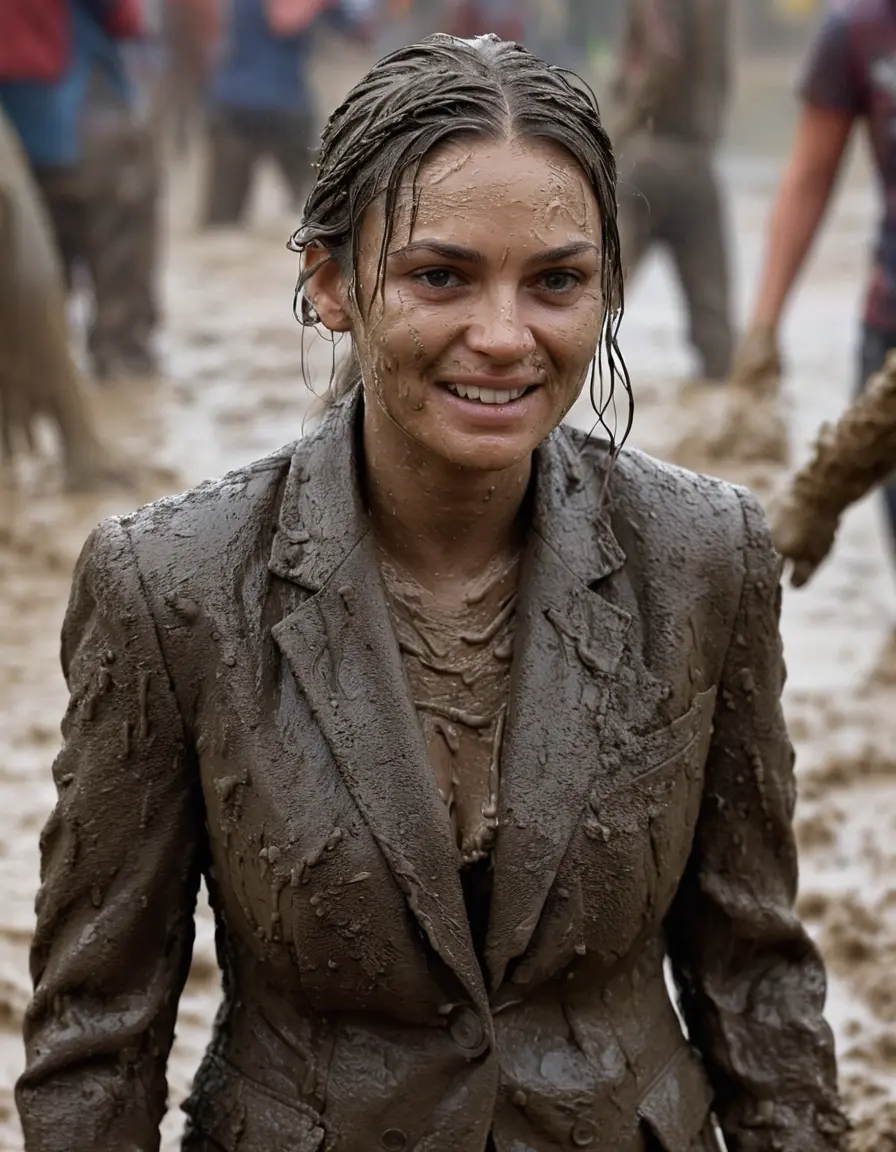 photo of young woman, in soaking wet, drenched clothes,
, black business trouser, Completely ruined and discoloured black muddy blazer and button shirt, deep mud pit with deep and thick mud, 
enjoying, wet clothes stuck to body,
detailed textures of the wet clothes, wet face, wet plastered hair,
wet, drenched, professional, high-quality details, full body view.
sharp focus, ultra-high pixel detail, realistic, high-quality, full colors, incredibly detailed, 4k, 8k, 16k, hyper-realistic, RAW photo, masterpiece, ultra-detailed, professionally color graded, professional photograph, mila kunis standing under the heavy mud shower. she is proudly wearing her ruined blazer They are having a muddy shower and playing like crazy mud creatures during the indoor muddy disco and they are wearing their ruined blazers while touching each others boobs. Their expensive formal clothes are filled with mud and their boobs are totally mud-covered. Total muddy appearance and full mud coverage. The classy elegant club is totally destroyed by mud, deep liquid mud on the floor, mud spots everywhere, mud flows down on the walls and mud on the furnitures with elegant clubbing muddy people in the background. Stylish braided very long hairstyle, muddy braided hair, smiling mudy faces, realistic blue eyes. The women enjoying carefree to be muddy, be dirty and be naughty while they are enjoying the muddy fetish party. Realistic boobs, realistic huge saggy boobs and nipples and photorealistic detailed happy and satisfied facial expressions. Intimate close-up picture about the old women from above. Close-up photo, highly realistic representation, ultra sharp focus, highly photorealistic detailed textures, highly photorealistic detailed facial features and expressions, highly photorealistic hands, highly emotional reactions, highly best quality, highly sharp photorealistic image, highly photorealistic details, full UHD resolution, 32 K, very high level of detail and image sharpness, zoomed in