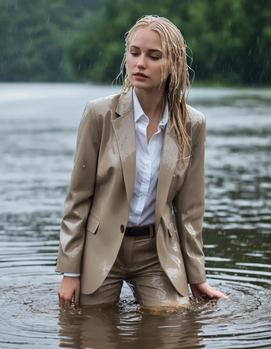 photo of young woman, in soaking wet, drenched clothes,
Beige Business Trouser, Beige Business Suit Jacket with white button down long sleeve business Shirt, Clear Mountain Lake with heavy rain, 
enjoying, wet clothes stuck to body,
detailed textures of the wet clothes, wet face, wet plastered hair,
wet, drenched, professional, high-quality details, full body view.
sharp focus, ultra-high pixel detail, realistic, high-quality, full colors, incredibly detailed, 4k, 8k, 16k, hyper-realistic, RAW photo, masterpiece, ultra-detailed, professionally color graded, professional photograph, white blonde haired woman age 20,completely soaked, fully drenched, completely wet, wetlook, heavy rain, side parting, open hair, long hair, rain storm