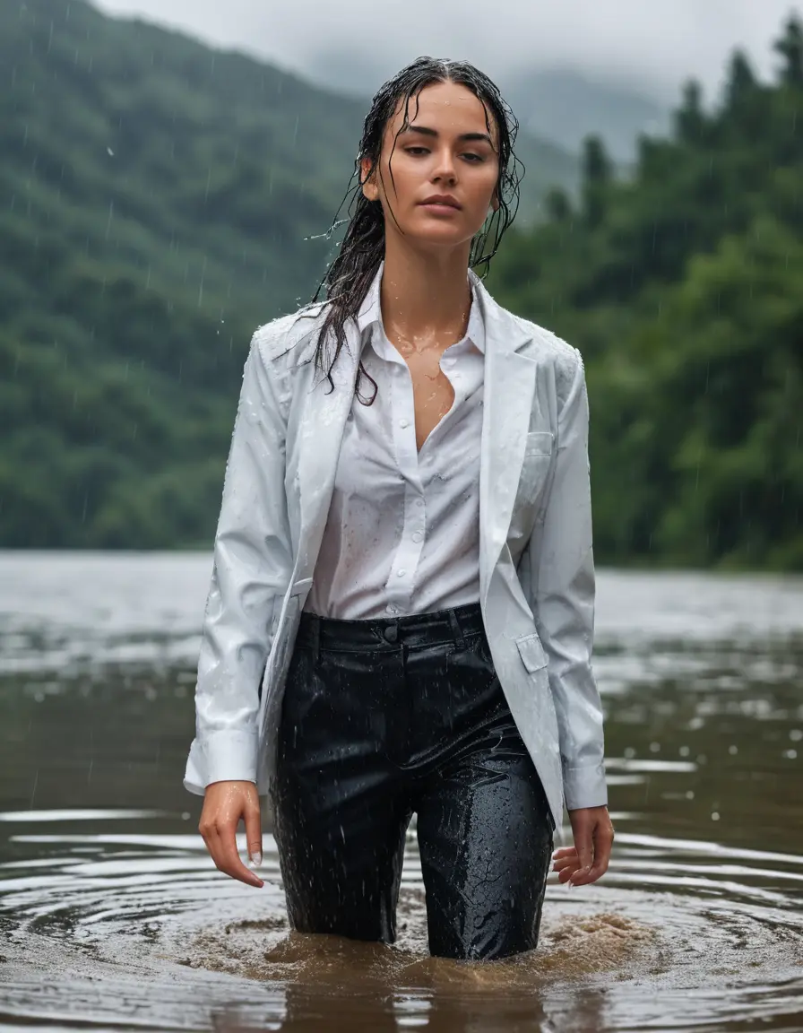 photo of young woman, in soaking wet, drenched clothes,
Black Business Trouser, Black Business Suit Jacket with white button down long sleeve business Shirt, Clear Mountain Lake with heavy rain, 
enjoying, wet clothes stuck to body,
detailed textures of the wet clothes, wet face, wet plastered hair,
wet, drenched, professional, high-quality details, full body view.
sharp focus, ultra-high pixel detail, realistic, high-quality, full colors, incredibly detailed, 4k, 8k, 16k, hyper-realistic, RAW photo, masterpiece, ultra-detailed, professionally color graded, professional photograph, completely soaked, fully drenched, completely wet, wetlook, heavy rain, side parting, open hair, long hair, rain storm