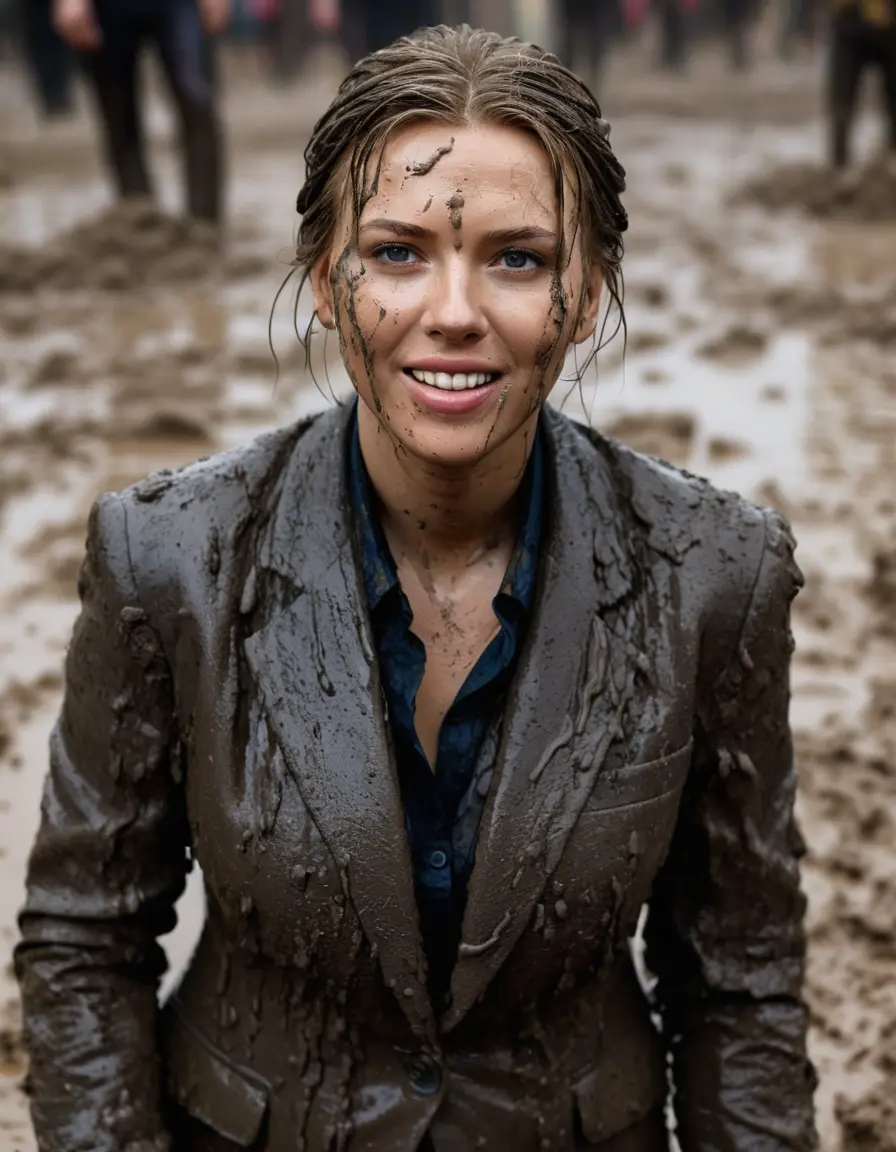 photo of young woman, in soaking wet, drenched clothes,
, black business trouser, Completely ruined and discoloured black muddy blazer and button shirt, deep mud pit with deep and thick mud, 
enjoying, wet clothes stuck to body,
detailed textures of the wet clothes, wet face, wet plastered hair,
wet, drenched, professional, high-quality details, full body view.
sharp focus, ultra-high pixel detail, realistic, high-quality, full colors, incredibly detailed, 4k, 8k, 16k, hyper-realistic, RAW photo, masterpiece, ultra-detailed, professionally color graded, professional photograph, scarlett johansson standing under the heavy mud shower. she is proudly wearing her ruined blazer They are having a muddy shower and playing like crazy mud creatures during the indoor muddy disco and they are wearing their ruined blazers while touching each others boobs. Their expensive formal clothes are filled with mud and their boobs are totally mud-covered. Total muddy appearance and full mud coverage. The classy elegant club is totally destroyed by mud, deep liquid mud on the floor, mud spots everywhere, mud flows down on the walls and mud on the furnitures with elegant clubbing muddy people in the background. Stylish braided very long hairstyle, muddy braided hair, smiling mudy faces, realistic blue eyes. The women enjoying carefree to be muddy, be dirty and be naughty while they are enjoying the muddy fetish party. Realistic boobs, realistic huge saggy boobs and nipples and photorealistic detailed happy and satisfied facial expressions. Intimate close-up picture about the old women from above. Close-up photo, highly realistic representation, ultra sharp focus, highly photorealistic detailed textures, highly photorealistic detailed facial features and expressions, highly photorealistic hands, highly emotional reactions, highly best quality, highly sharp photorealistic image, highly photorealistic details, full UHD resolution, 32 K, very high level of detail and image sharpness, zoomed in