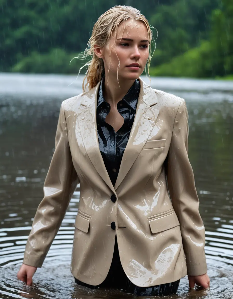 photo of young woman, in soaking wet, drenched clothes,
Beige Business Trouser, Beige Business Suit Jacket with Black button down long sleeve business Shirt, Clear Mountain Lake with heavy rain, 
enjoying, wet clothes stuck to body,
detailed textures of the wet clothes, wet face, wet plastered hair,
wet, drenched, professional, high-quality details, full body view.
sharp focus, ultra-high pixel detail, realistic, high-quality, full colors, incredibly detailed, 4k, 8k, 16k, hyper-realistic, RAW photo, masterpiece, ultra-detailed, professionally color graded, professional photograph, white blonde haired woman age 20,completely soaked, fully drenched, completely wet, wetlook, heavy rain, side parting, open hair, long hair, rain storm