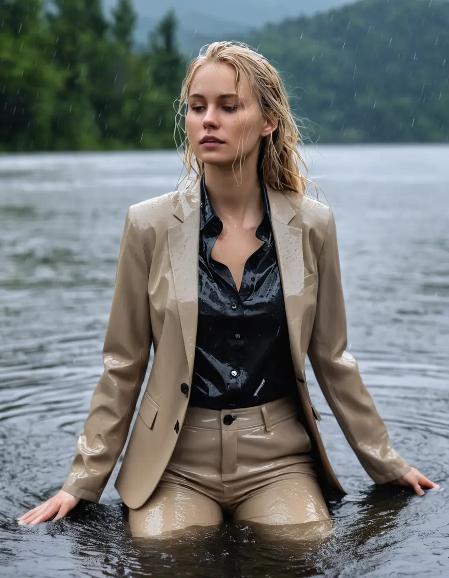 photo of young woman, in soaking wet, drenched clothes,
Beige Business Trouser, Beige Business Suit Jacket with Black button down long sleeve business Shirt, Clear Mountain Lake with heavy rain, 
enjoying, wet clothes stuck to body,
detailed textures of the wet clothes, wet face, wet plastered hair,
wet, drenched, professional, high-quality details, full body view.
sharp focus, ultra-high pixel detail, realistic, high-quality, full colors, incredibly detailed, 4k, 8k, 16k, hyper-realistic, RAW photo, masterpiece, ultra-detailed, professionally color graded, professional photograph, white blonde haired woman age 20,completely soaked, fully drenched, completely wet, wetlook, heavy rain, side parting, open hair, long hair, rain storm