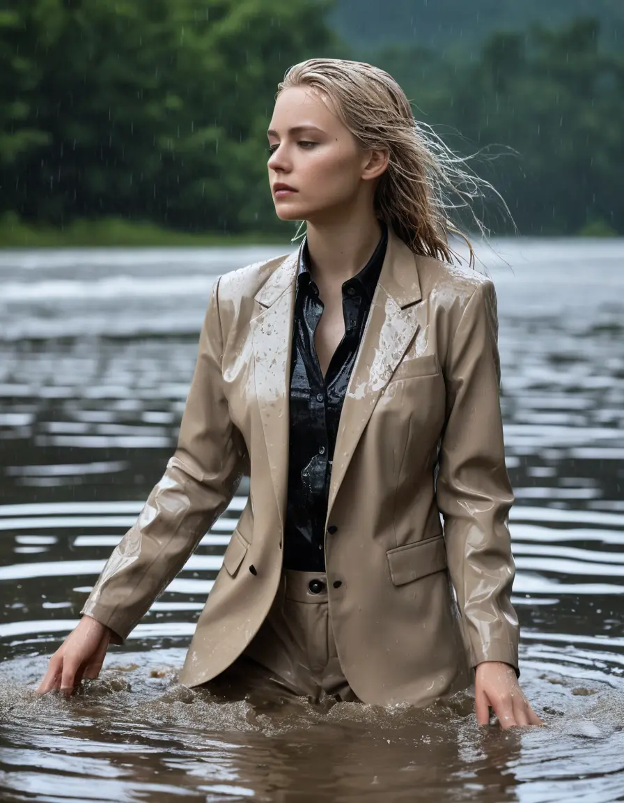 photo of young woman, in soaking wet, drenched clothes,
Beige Business Trouser, Beige Business Suit Jacket with Black button down long sleeve business Shirt, Clear Mountain Lake with heavy rain, 
enjoying, wet clothes stuck to body,
detailed textures of the wet clothes, wet face, wet plastered hair,
wet, drenched, professional, high-quality details, full body view.
sharp focus, ultra-high pixel detail, realistic, high-quality, full colors, incredibly detailed, 4k, 8k, 16k, hyper-realistic, RAW photo, masterpiece, ultra-detailed, professionally color graded, professional photograph, white blonde haired woman age 20,completely soaked, fully drenched, completely wet, wetlook, heavy rain, side parting, open hair, long hair, rain storm