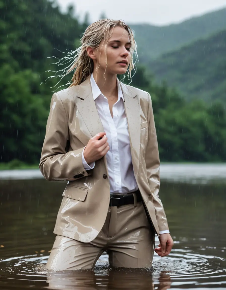 photo of young woman, in soaking wet, drenched clothes,
Beige Business Trouser, Beige Business Suit Jacket with white button down long sleeve business Shirt, Clear Mountain Lake with heavy rain, 
enjoying, wet clothes stuck to body,
detailed textures of the wet clothes, wet face, wet plastered hair,
wet, drenched, professional, high-quality details, full body view.
sharp focus, ultra-high pixel detail, realistic, high-quality, full colors, incredibly detailed, 4k, 8k, 16k, hyper-realistic, RAW photo, masterpiece, ultra-detailed, professionally color graded, professional photograph, white blonde haired woman age 20,completely soaked, fully drenched, completely wet, wetlook, heavy rain, side parting, open hair, long hair, rain storm