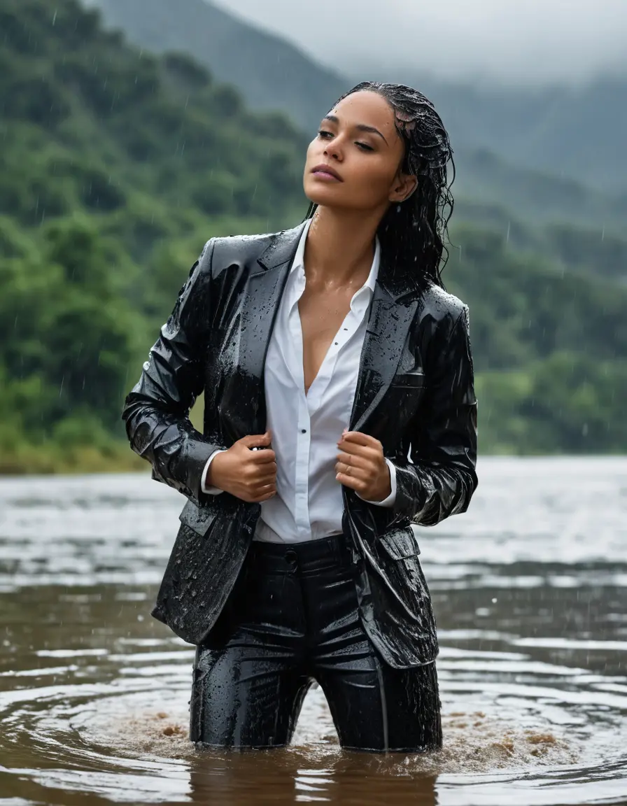 photo of young woman, in soaking wet, drenched clothes,
Black Business Trouser, Black Business Suit Jacket with white button down long sleeve business Shirt, Clear Mountain Lake with heavy rain, 
enjoying, wet clothes stuck to body,
detailed textures of the wet clothes, wet face, wet plastered hair,
wet, drenched, professional, high-quality details, full body view.
sharp focus, ultra-high pixel detail, realistic, high-quality, full colors, incredibly detailed, 4k, 8k, 16k, hyper-realistic, RAW photo, masterpiece, ultra-detailed, professionally color graded, professional photograph, Thandiwe Newton, completely soaked, fully drenched, completely wet, wetlook, heavy rain, side parting, open hair, long hair, rain storm