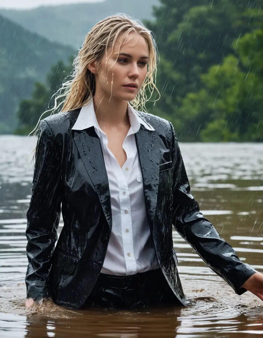 photo of young woman, in soaking wet, drenched clothes,
Black Business Trouser, Black Business Suit Jacket with white button down long sleeve business Shirt, Clear Mountain Lake with heavy rain, 
enjoying, wet clothes stuck to body,
detailed textures of the wet clothes, wet face, wet plastered hair,
wet, drenched, professional, high-quality details, full body view.
sharp focus, ultra-high pixel detail, realistic, high-quality, full colors, incredibly detailed, 4k, 8k, 16k, hyper-realistic, RAW photo, masterpiece, ultra-detailed, professionally color graded, professional photograph, white blonde haired woman age 20,completely soaked, fully drenched, completely wet, wetlook, heavy rain, side parting, open hair, long hair, rain storm