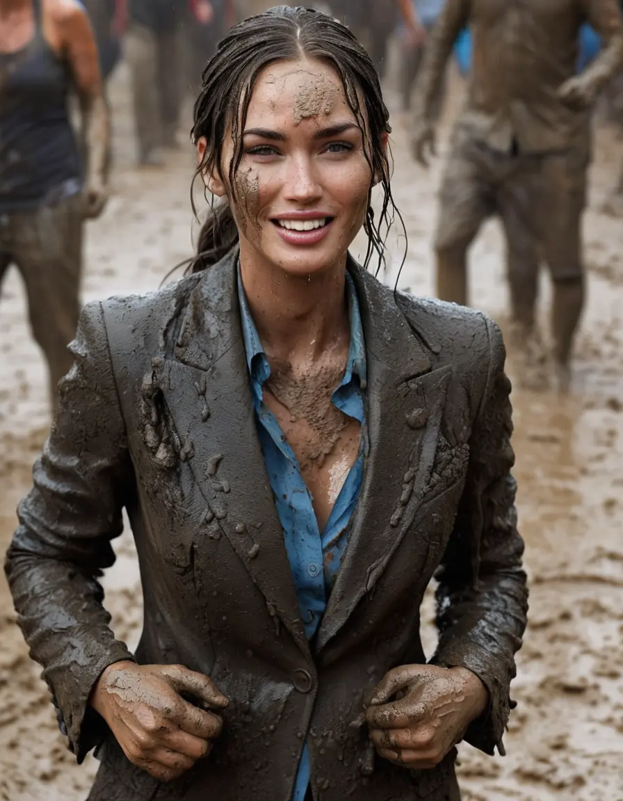 photo of young woman, in soaking wet, drenched clothes,
, black business trouser, Completely ruined and discoloured black muddy blazer and button shirt, deep mud pit with deep and thick mud, 
enjoying, wet clothes stuck to body,
detailed textures of the wet clothes, wet face, wet plastered hair,
wet, drenched, professional, high-quality details, full body view.
sharp focus, ultra-high pixel detail, realistic, high-quality, full colors, incredibly detailed, 4k, 8k, 16k, hyper-realistic, RAW photo, masterpiece, ultra-detailed, professionally color graded, professional photograph, megan fox standing under the heavy mud shower. she is proudly wearing her ruined blazer They are having a muddy shower and playing like crazy mud creatures during the indoor muddy disco and they are wearing their ruined blazers while touching each others boobs. Their expensive formal clothes are filled with mud and their boobs are totally mud-covered. Total muddy appearance and full mud coverage. The classy elegant club is totally destroyed by mud, deep liquid mud on the floor, mud spots everywhere, mud flows down on the walls and mud on the furnitures with elegant clubbing muddy people in the background. Stylish braided very long hairstyle, muddy braided hair, smiling mudy faces, realistic blue eyes. The women enjoying carefree to be muddy, be dirty and be naughty while they are enjoying the muddy fetish party. Realistic boobs, realistic huge saggy boobs and nipples and photorealistic detailed happy and satisfied facial expressions. Intimate close-up picture about the old women from above. Close-up photo, highly realistic representation, ultra sharp focus, highly photorealistic detailed textures, highly photorealistic detailed facial features and expressions, highly photorealistic hands, highly emotional reactions, highly best quality, highly sharp photorealistic image, highly photorealistic details, full UHD resolution, 32 K, very high level of detail and image sharpness, zoomed in