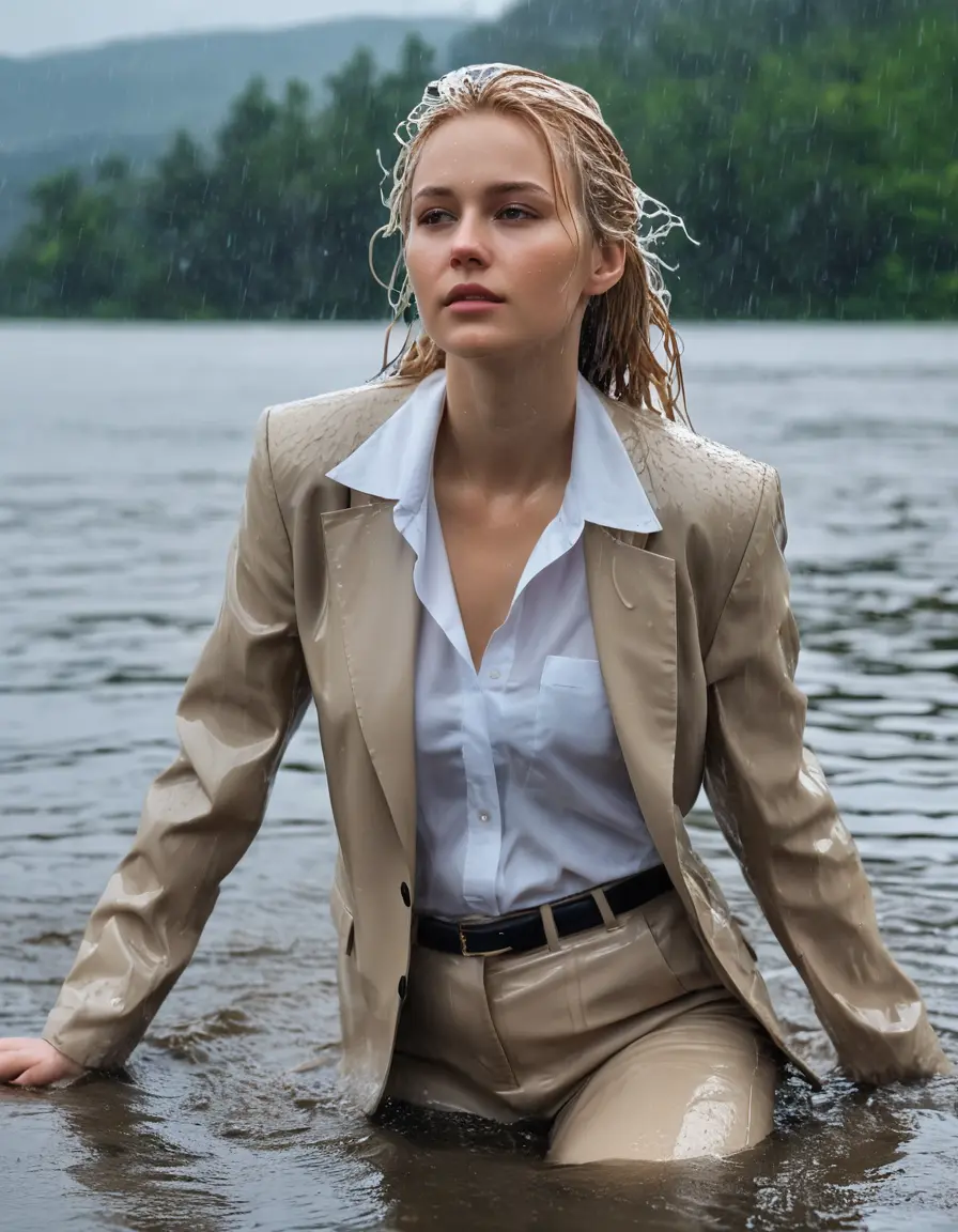 photo of young woman, in soaking wet, drenched clothes,
Beige Business Trouser, Beige Business Suit Jacket with white button down long sleeve business Shirt, Clear Mountain Lake with heavy rain, 
enjoying, wet clothes stuck to body,
detailed textures of the wet clothes, wet face, wet plastered hair,
wet, drenched, professional, high-quality details, full body view.
sharp focus, ultra-high pixel detail, realistic, high-quality, full colors, incredibly detailed, 4k, 8k, 16k, hyper-realistic, RAW photo, masterpiece, ultra-detailed, professionally color graded, professional photograph, white blonde haired woman age 20,completely soaked, fully drenched, completely wet, wetlook, heavy rain, side parting, open hair, long hair, rain storm