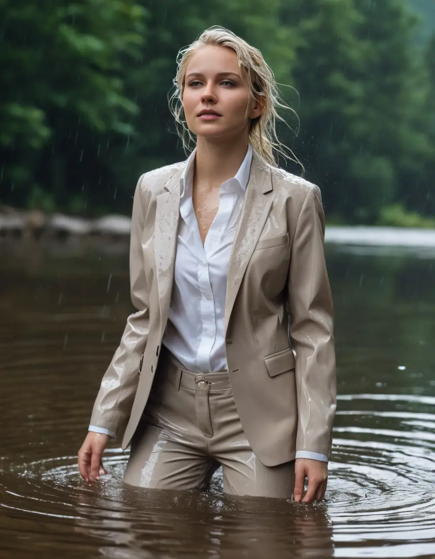 photo of young woman, in soaking wet, drenched clothes,
Beige Business Trouser, Beige Business Suit Jacket with white button down long sleeve business Shirt, Clear Mountain Lake with heavy rain, 
enjoying, wet clothes stuck to body,
detailed textures of the wet clothes, wet face, wet plastered hair,
wet, drenched, professional, high-quality details, full body view.
sharp focus, ultra-high pixel detail, realistic, high-quality, full colors, incredibly detailed, 4k, 8k, 16k, hyper-realistic, RAW photo, masterpiece, ultra-detailed, professionally color graded, professional photograph, white blonde haired woman age 20,completely soaked, fully drenched, completely wet, wetlook, heavy rain, side parting, open hair, long hair, rain storm