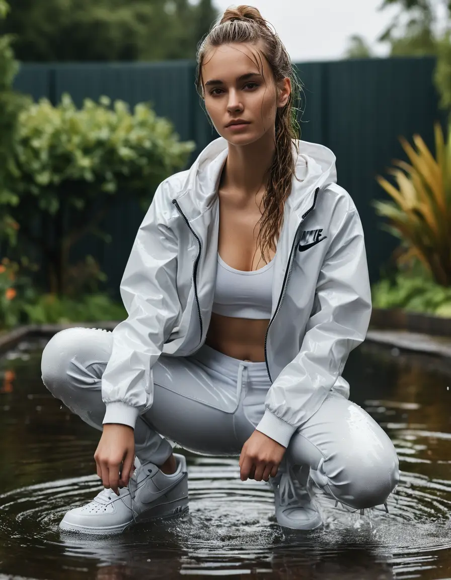 photo of young woman, in soaking wet, drenched clothes,
White Nike Air Force ,  skinny jeans , White tshirt and Nike training jacket, Garden , 
enjoying, wet clothes stuck to body,
detailed textures of the wet clothes, wet face, wet plastered hair,
wet, drenched, professional, high-quality details, full body view.
sharp focus, ultra-high pixel detail, realistic, high-quality, full colors, incredibly detailed, 4k, 8k, 16k, hyper-realistic, RAW photo, masterpiece, ultra-detailed, professionally color graded, professional photograph, No bra