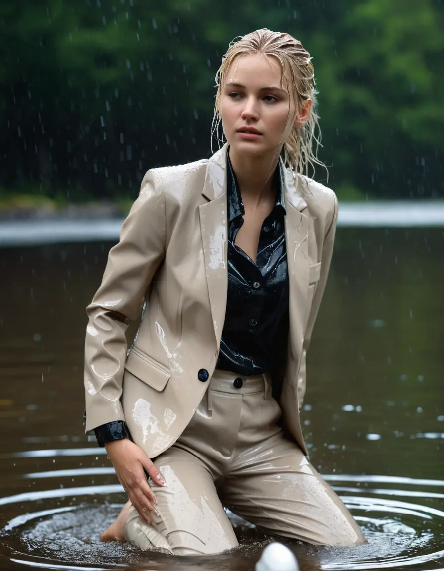 photo of young woman, in soaking wet, drenched clothes,
Beige Business Trouser, Beige Business Suit Jacket with Black button down long sleeve business Shirt, Clear Mountain Lake with heavy rain, 
enjoying, wet clothes stuck to body,
detailed textures of the wet clothes, wet face, wet plastered hair,
wet, drenched, professional, high-quality details, full body view.
sharp focus, ultra-high pixel detail, realistic, high-quality, full colors, incredibly detailed, 4k, 8k, 16k, hyper-realistic, RAW photo, masterpiece, ultra-detailed, professionally color graded, professional photograph, white blonde haired woman age 20,completely soaked, fully drenched, completely wet, wetlook, heavy rain, side parting, open hair, long hair, rain storm