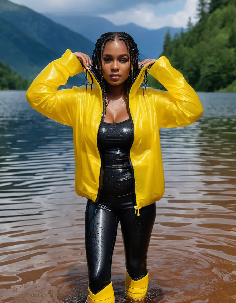 photo of young woman, in soaking wet, drenched clothes,
high heels, leather leggings, yellow transparent t-shirt, black wet shiny pvc puffer jacket, Clear deep Mountain Lake, heavy rain, 
enjoying, wet clothes stuck to body,
detailed textures of the wet clothes, wet face, wet plastered hair,
wet, drenched, professional, high-quality details, full body view.
sharp focus, ultra-high pixel detail, realistic, high-quality, full colors, incredibly detailed, 4k, 8k, 16k, hyper-realistic, RAW photo, masterpiece, ultra-detailed, professionally color graded, professional photograph, 65 years old bigboobs black girl