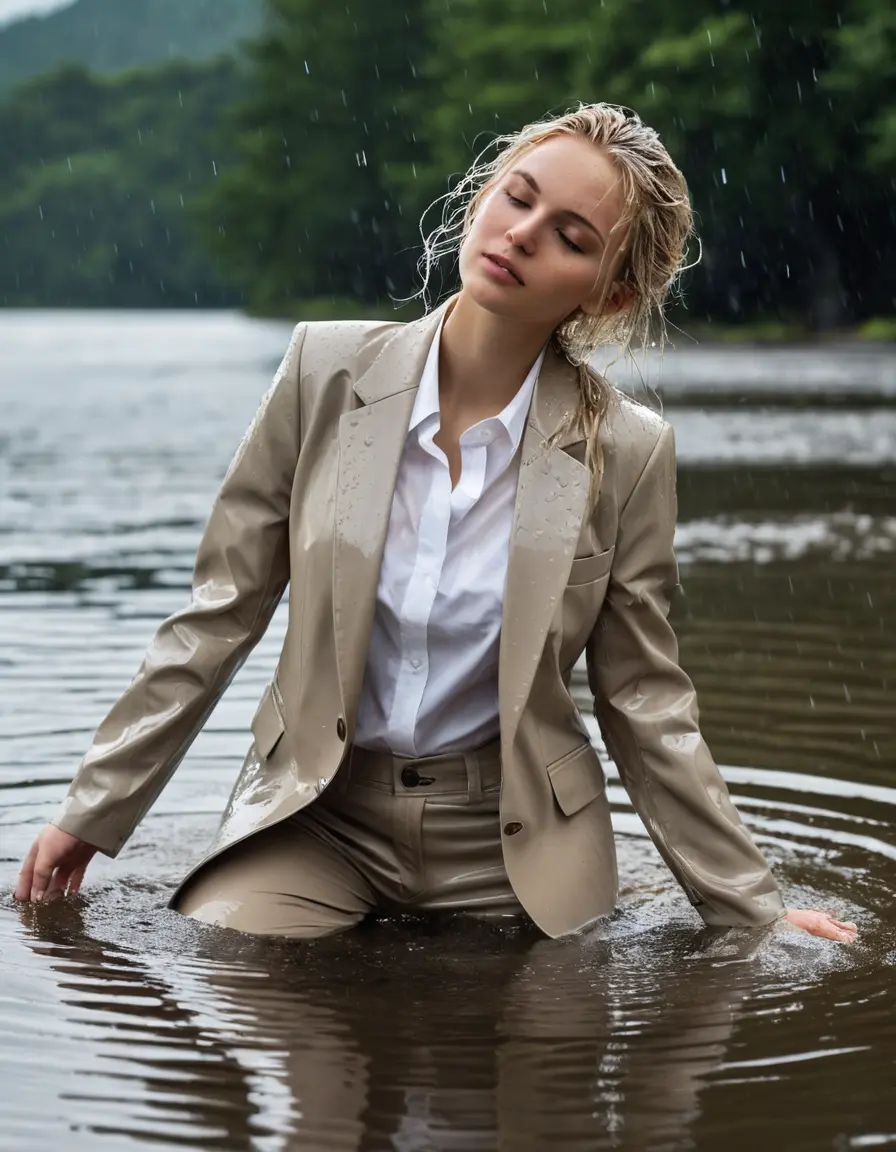 photo of young woman, in soaking wet, drenched clothes,
Beige Business Trouser, Beige Business Suit Jacket with white button down long sleeve business Shirt, Clear Mountain Lake with heavy rain, 
enjoying, wet clothes stuck to body,
detailed textures of the wet clothes, wet face, wet plastered hair,
wet, drenched, professional, high-quality details, full body view.
sharp focus, ultra-high pixel detail, realistic, high-quality, full colors, incredibly detailed, 4k, 8k, 16k, hyper-realistic, RAW photo, masterpiece, ultra-detailed, professionally color graded, professional photograph, white blonde haired woman age 20,completely soaked, fully drenched, completely wet, wetlook, heavy rain, side parting, open hair, long hair, rain storm
