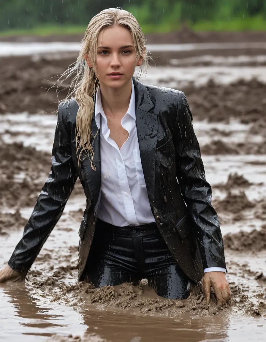 photo of young woman, in soaking wet, drenched clothes,
Black Business Trouser, Black Business Suit Jacket with white button down long sleeve business Shirt, mud pit with thick mud, 
enjoying, wet clothes stuck to body,
detailed textures of the wet clothes, wet face, wet plastered hair,
wet, drenched, professional, high-quality details, full body view.
sharp focus, ultra-high pixel detail, realistic, high-quality, full colors, incredibly detailed, 4k, 8k, 16k, hyper-realistic, RAW photo, masterpiece, ultra-detailed, professionally color graded, professional photograph, white blonde haired woman, 20 years old, completely covered, fully drenched, heavy rain, side parting, open hair, long hair, rain storm