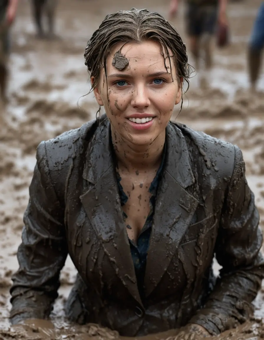 photo of young woman, in soaking wet, drenched clothes,
, black business trouser, Completely ruined and discoloured black muddy blazer and button shirt, deep mud pit with deep and thick mud, 
enjoying, wet clothes stuck to body,
detailed textures of the wet clothes, wet face, wet plastered hair,
wet, drenched, professional, high-quality details, full body view.
sharp focus, ultra-high pixel detail, realistic, high-quality, full colors, incredibly detailed, 4k, 8k, 16k, hyper-realistic, RAW photo, masterpiece, ultra-detailed, professionally color graded, professional photograph, scarlett johansson standing under the heavy mud shower. she is proudly wearing her ruined blazer They are having a muddy shower and playing like crazy mud creatures during the indoor muddy disco and they are wearing their ruined blazers while touching each others boobs. Their expensive formal clothes are filled with mud and their boobs are totally mud-covered. Total muddy appearance and full mud coverage. The classy elegant club is totally destroyed by mud, deep liquid mud on the floor, mud spots everywhere, mud flows down on the walls and mud on the furnitures with elegant clubbing muddy people in the background. Stylish braided very long hairstyle, muddy braided hair, smiling mudy faces, realistic blue eyes. The women enjoying carefree to be muddy, be dirty and be naughty while they are enjoying the muddy fetish party. Realistic boobs, realistic huge saggy boobs and nipples and photorealistic detailed happy and satisfied facial expressions. Intimate close-up picture about the old women from above. Close-up photo, highly realistic representation, ultra sharp focus, highly photorealistic detailed textures, highly photorealistic detailed facial features and expressions, highly photorealistic hands, highly emotional reactions, highly best quality, highly sharp photorealistic image, highly photorealistic details, full UHD resolution, 32 K, very high level of detail and image sharpness, zoomed in