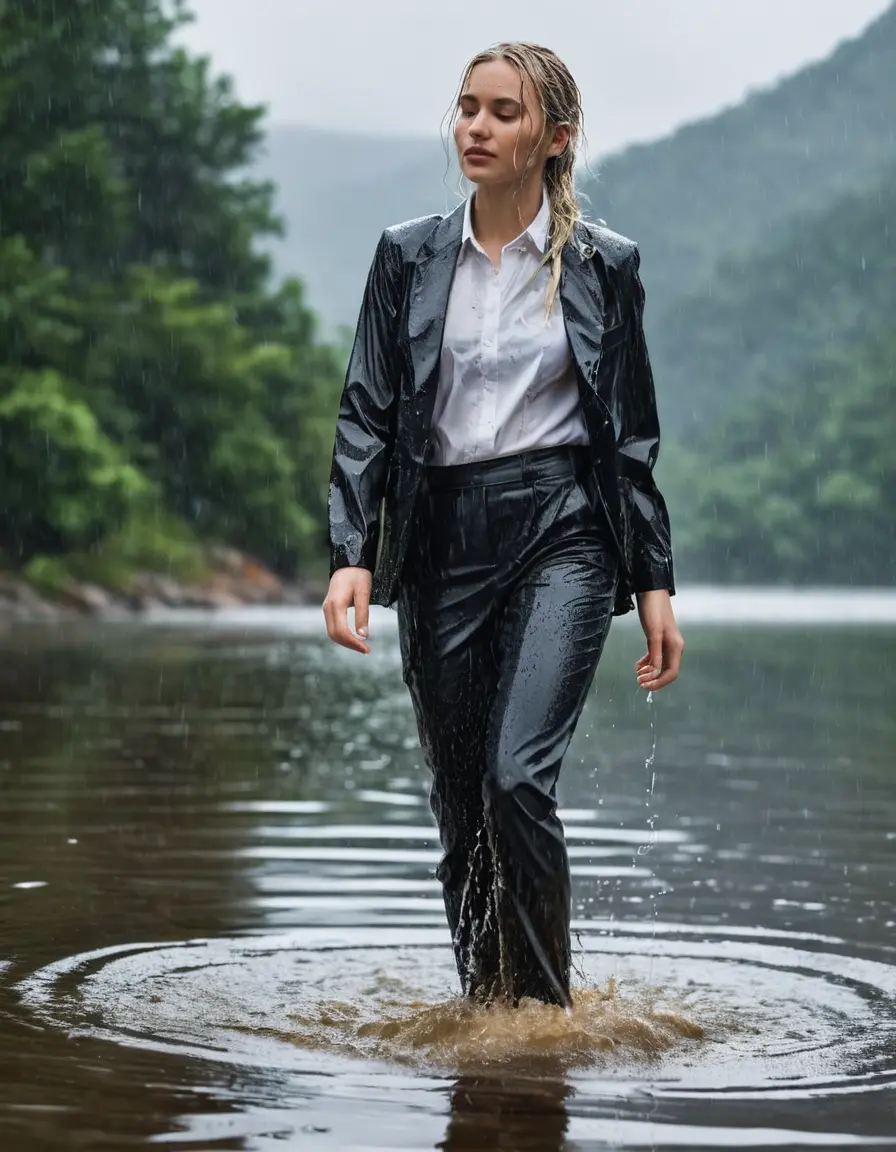 photo of young woman, in soaking wet, drenched clothes,
Black Business Trouser, Black Business Suit Jacket with white button down long sleeve business Shirt, Clear Mountain Lake with heavy rain, 
enjoying, wet clothes stuck to body,
detailed textures of the wet clothes, wet face, wet plastered hair,
wet, drenched, professional, high-quality details, full body view.
sharp focus, ultra-high pixel detail, realistic, high-quality, full colors, incredibly detailed, 4k, 8k, 16k, hyper-realistic, RAW photo, masterpiece, ultra-detailed, professionally color graded, professional photograph, white blonde haired woman age 20,completely soaked, fully drenched, completely wet, wetlook, heavy rain, side parting, open hair, long hair, rain storm