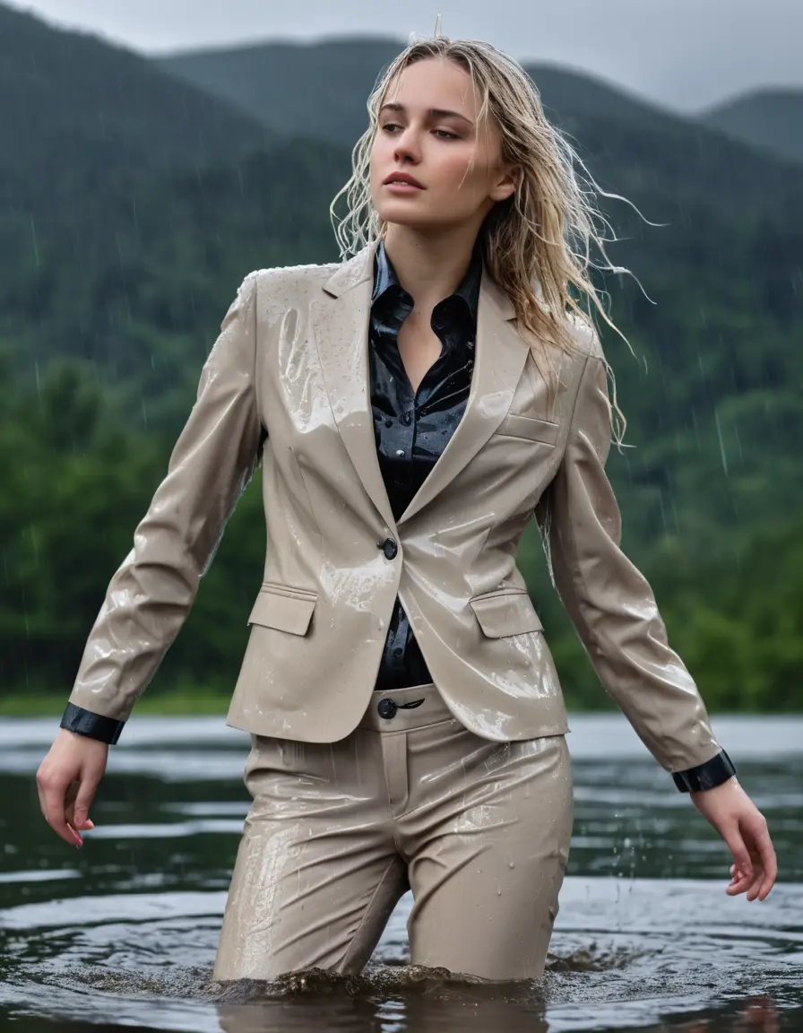 photo of young woman, in soaking wet, drenched clothes,
Beige Business Trouser, Beige Business Suit Jacket with Black button down long sleeve business Shirt, Clear Mountain Lake with heavy rain, 
enjoying, wet clothes stuck to body,
detailed textures of the wet clothes, wet face, wet plastered hair,
wet, drenched, professional, high-quality details, full body view.
sharp focus, ultra-high pixel detail, realistic, high-quality, full colors, incredibly detailed, 4k, 8k, 16k, hyper-realistic, RAW photo, masterpiece, ultra-detailed, professionally color graded, professional photograph, white blonde haired woman age 20,completely soaked, fully drenched, completely wet, wetlook, heavy rain, side parting, open hair, long hair, rain storm