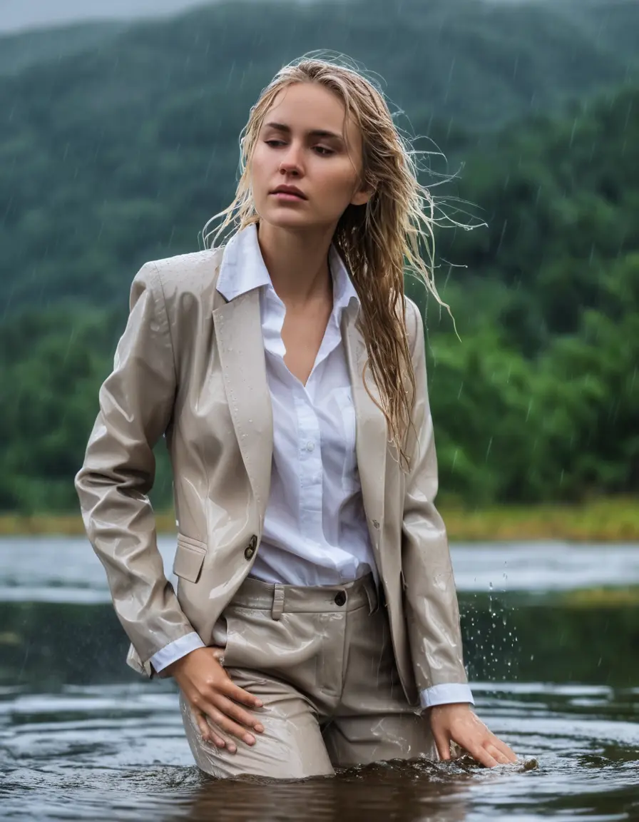 photo of young woman, in soaking wet, drenched clothes,
Beige Business Trouser, Beige Business Suit Jacket with white button down long sleeve business Shirt, Clear Mountain Lake with heavy rain, 
enjoying, wet clothes stuck to body,
detailed textures of the wet clothes, wet face, wet plastered hair,
wet, drenched, professional, high-quality details, full body view.
sharp focus, ultra-high pixel detail, realistic, high-quality, full colors, incredibly detailed, 4k, 8k, 16k, hyper-realistic, RAW photo, masterpiece, ultra-detailed, professionally color graded, professional photograph, white blonde haired woman age 20,completely soaked, fully drenched, completely wet, wetlook, heavy rain, side parting, open hair, long hair, rain storm