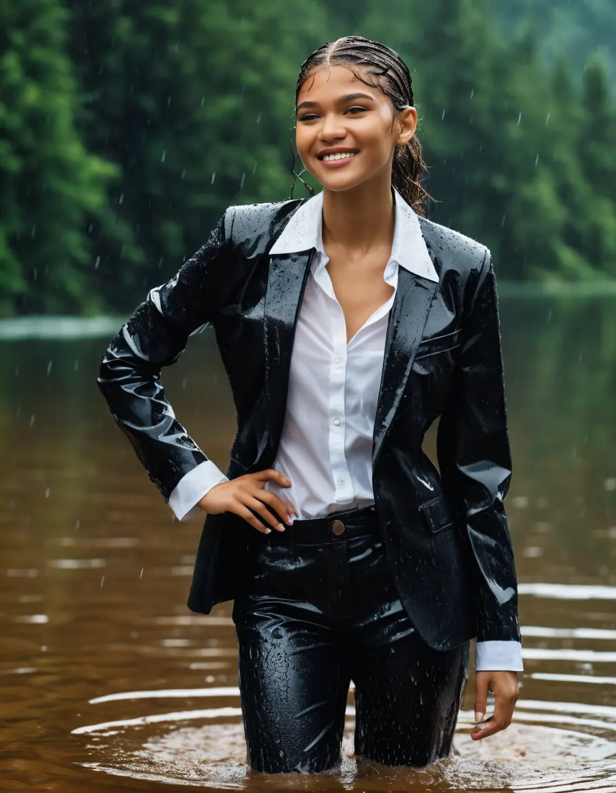 photo of young woman, in soaking wet, drenched clothes,
Black Business Trouser, Black Business Suit Jacket with white button down long sleeve business Shirt, Clear deep Mountain Lake, heavy rain, 
enjoying, wet clothes stuck to body,
detailed textures of the wet clothes, wet face, wet plastered hair,
wet, drenched, professional, high-quality details, full body view.
sharp focus, ultra-high pixel detail, realistic, high-quality, full colors, incredibly detailed, 4k, 8k, 16k, hyper-realistic, RAW photo, masterpiece, ultra-detailed, professionally color graded, professional photograph, Zendaya, completely soaked, fully drenched, completely wet, wetlook, heavy rain, she smiles, side parting, open hair, rain storm, heavy rain